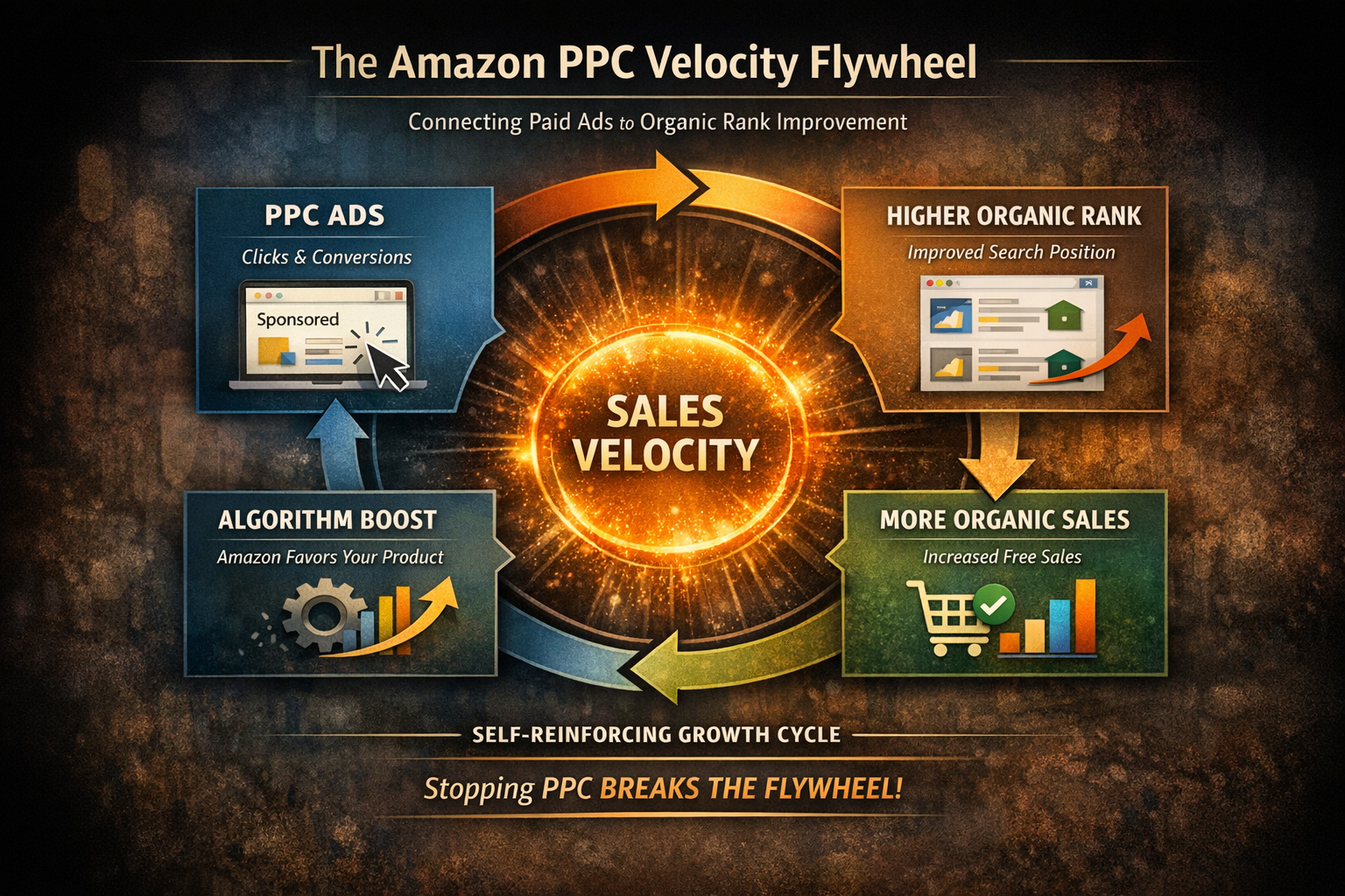 Amazon PPC velocity flywheel showing connection between paid and organic sales Diagram illustrating the Amazon PPC velocity flywheel connecting paid ads to organic rank improvement