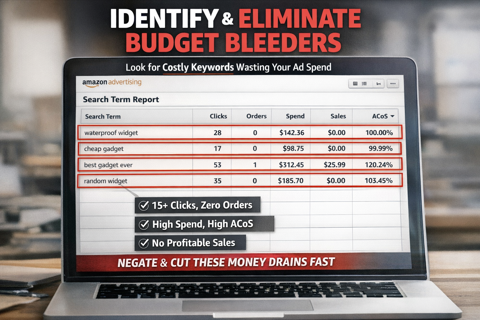 Amazon search term report highlighting wasteful spending on non-converting keywords Screenshot of Amazon PPC search term report showing how to identify and eliminate budget bleeders