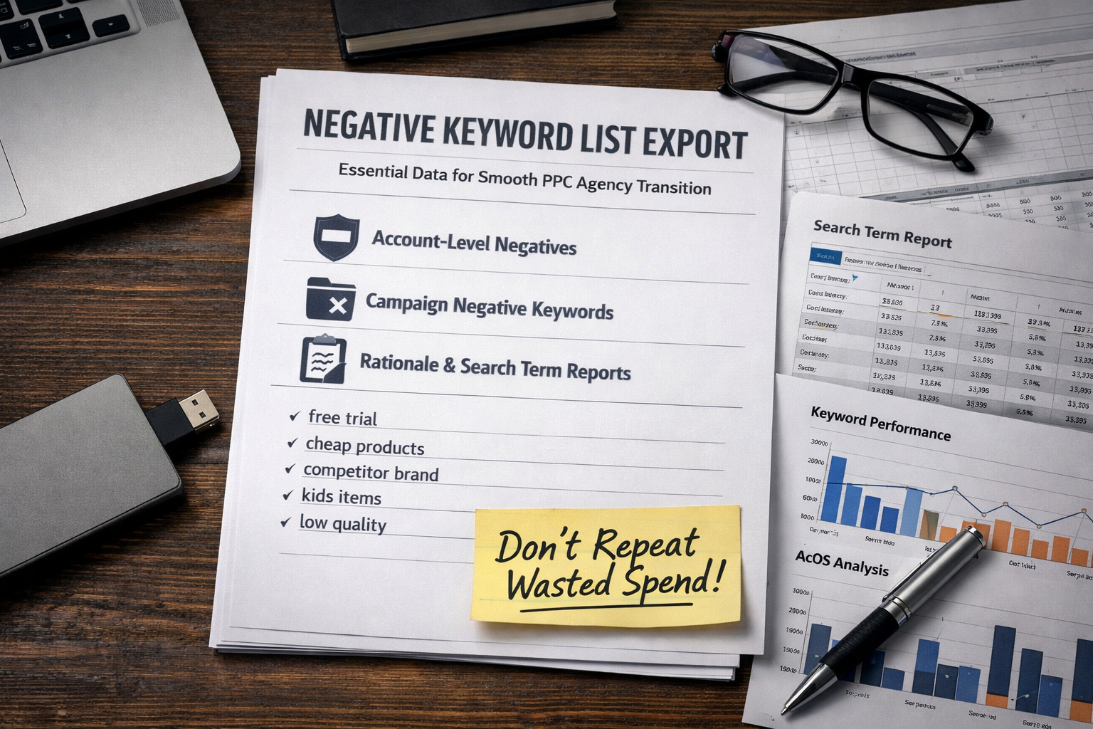 Negative Keyword Intelligence Transfer for PPC Agency Switch Export of negative keyword lists essential to switch PPC agencies without repeating wasted spend