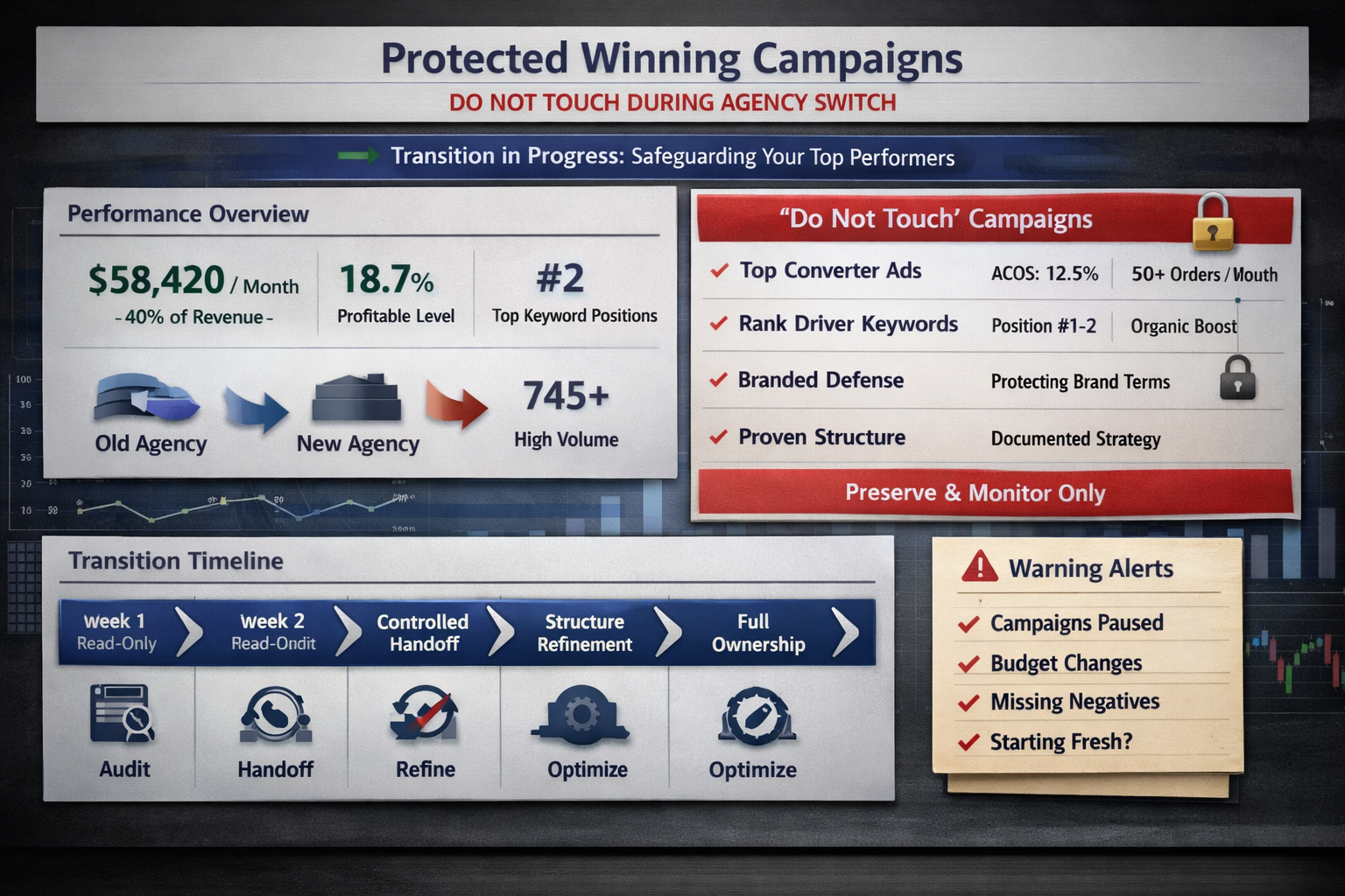 Protecting High-Performing Campaigns During PPC Agency Switch Dashboard showing protected winning campaigns with do not touch status during switch PPC agencies transition