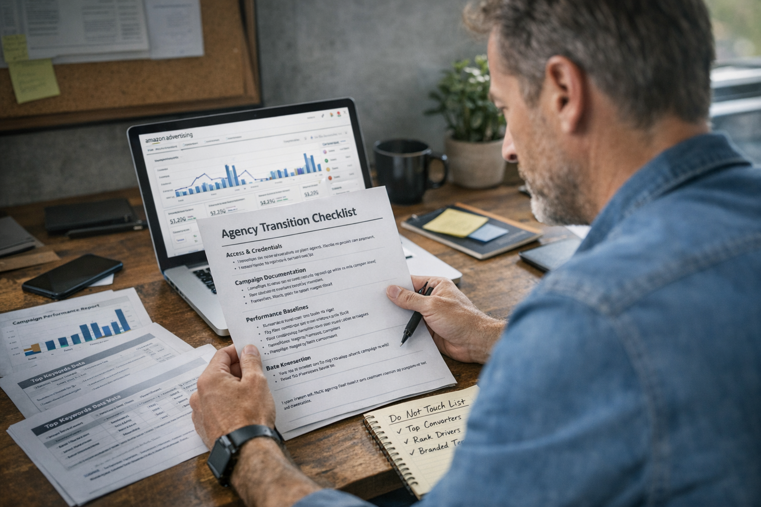Complete Checklist for Switching PPC Agencies Smoothly Amazon seller reviewing comprehensive checklist to switch PPC agencies without performance loss