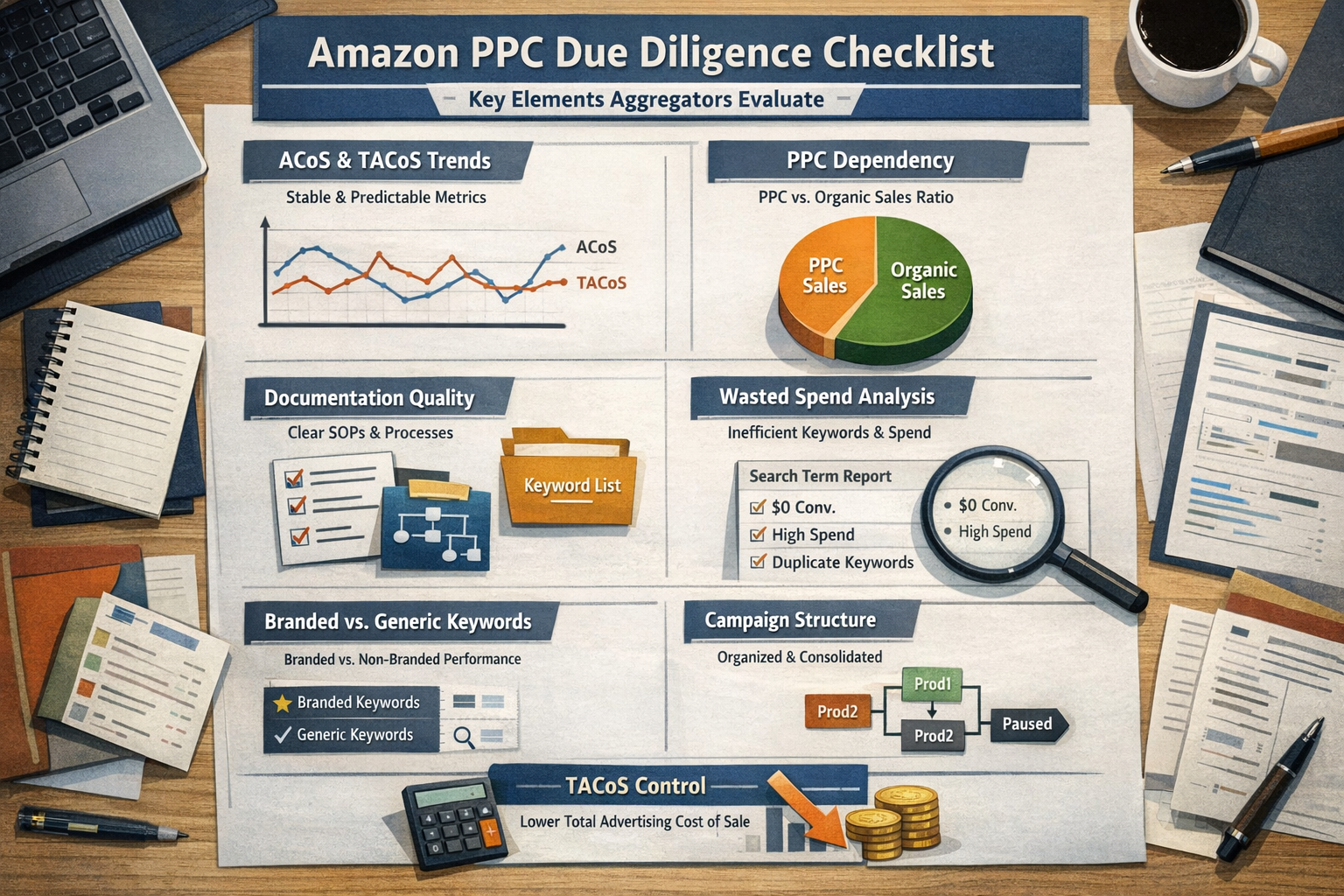Aggregator Due Diligence PPC Evaluation Checklist Visual checklist of Amazon PPC optimization elements aggregators evaluate during due diligence