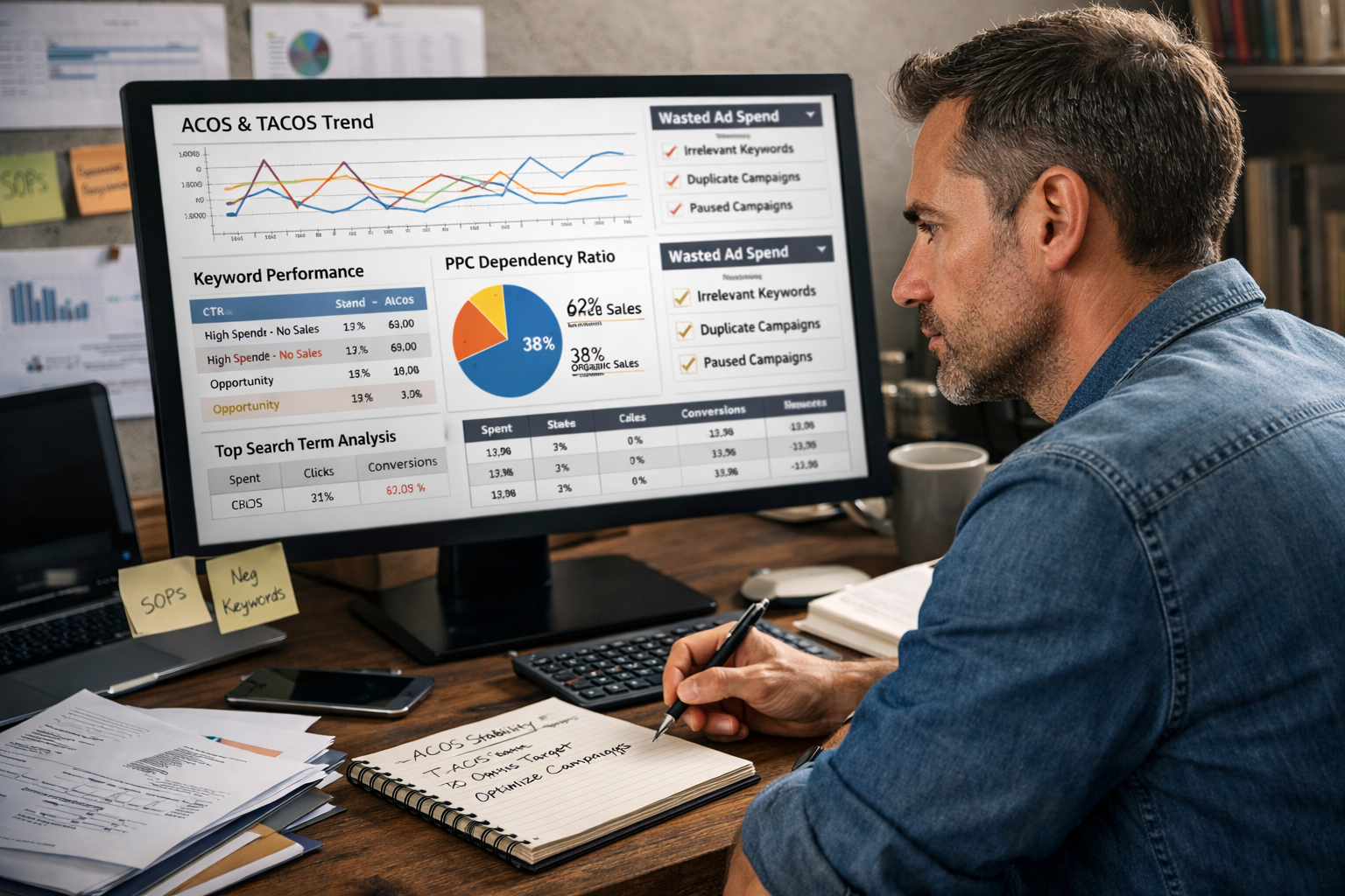 Amazon seller reviewing and preparing dashboard for amazon ppc optimization for exit and business acquisition
