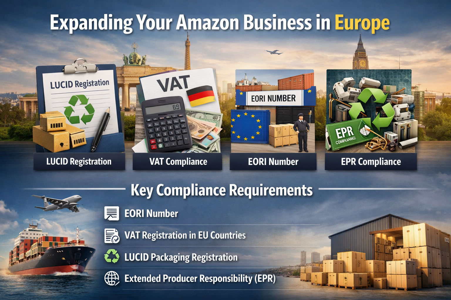 Amazon Europe Expansion Compliance Checklist with LUCID and EPR Requirements Amazon Europe expansion compliance requirements including LUCID registration, VAT, EORI, and EPR