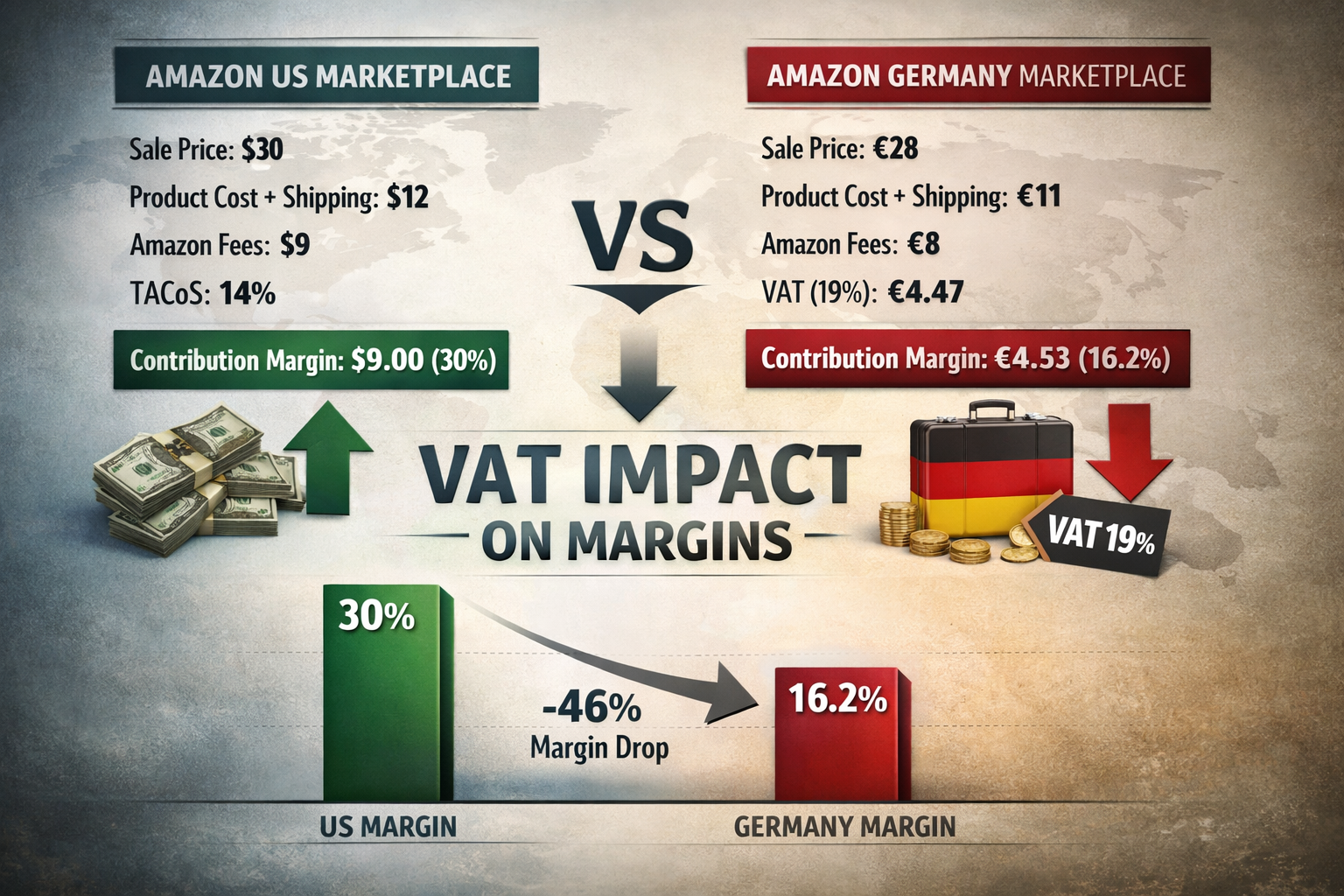 Amazon Europe VAT Impact on Profit Margins Calculation Example Amazon Europe expansion VAT calculation showing margin reduction from US to Germany marketplace
