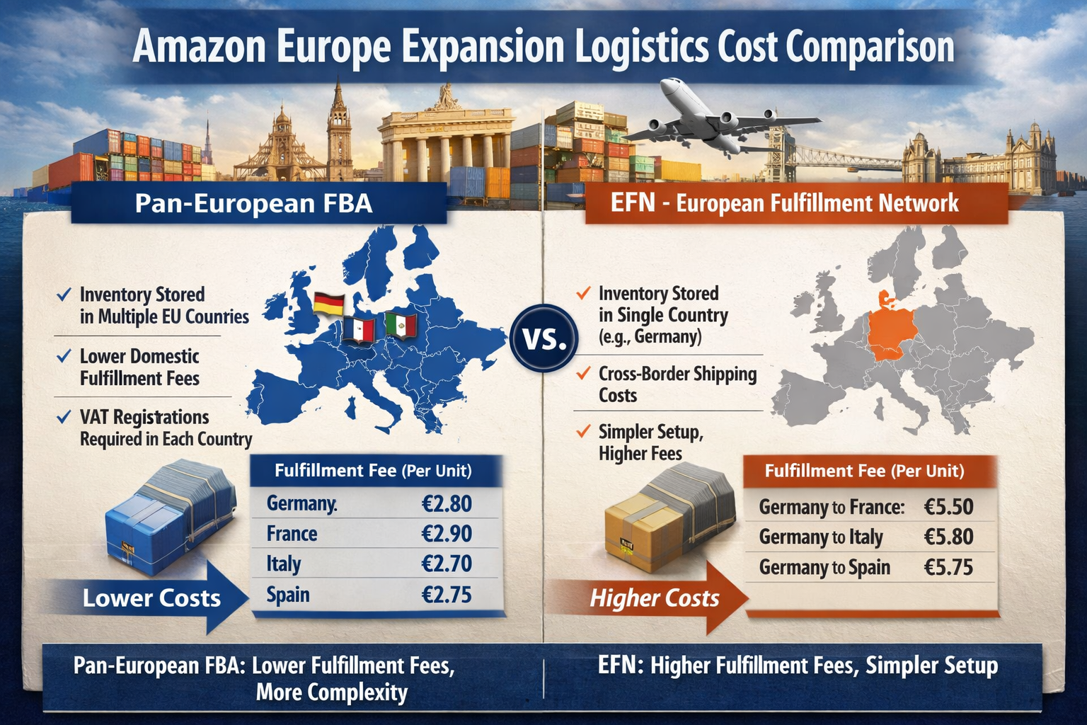 Pan-European FBA vs EFN Logistics Strategy Comparison Amazon Europe expansion logistics comparison showing Pan-European FBA versus EFN fulfillment fees