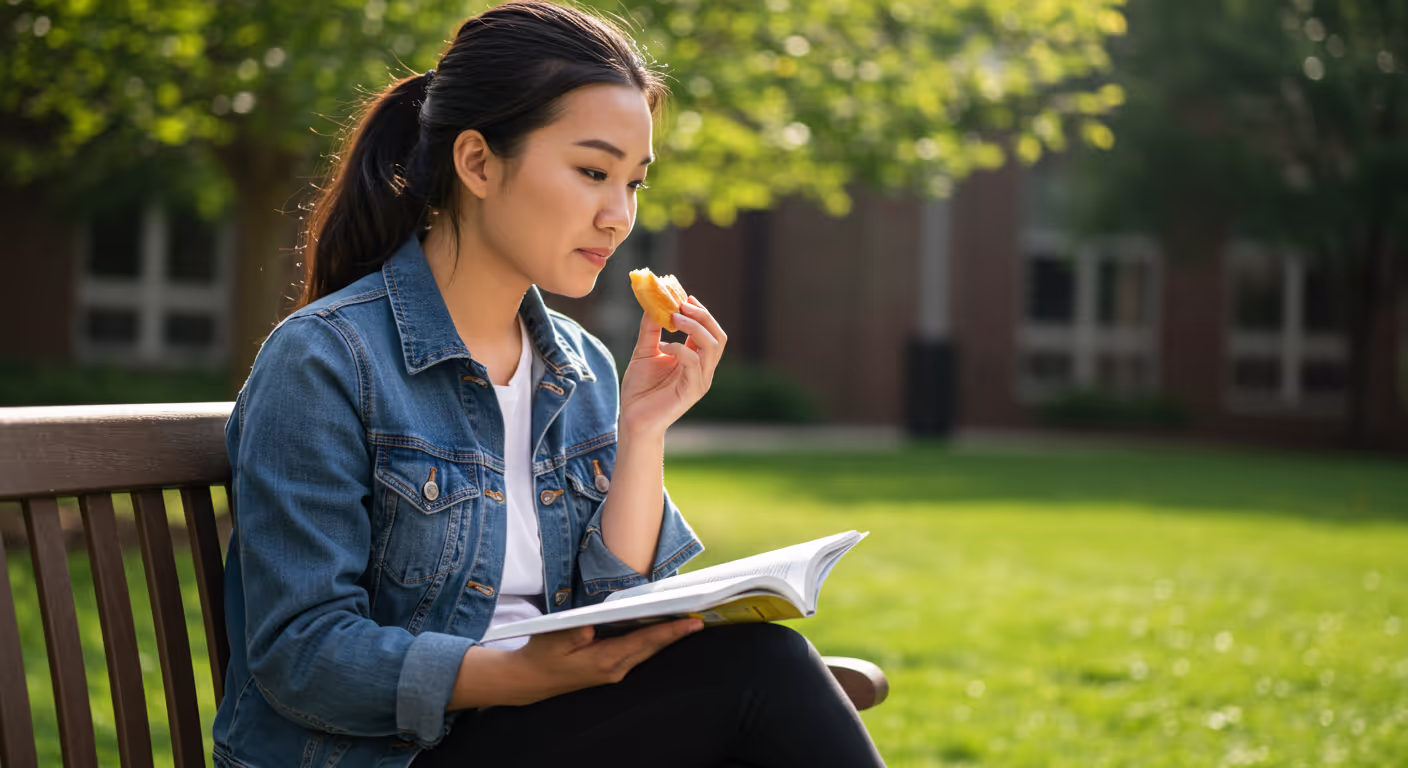 College Student Basic Needs Insecurity Studying and Eating on Campus College student facing basic needs insecurity eating a piece of bread while studying on campus grounds.