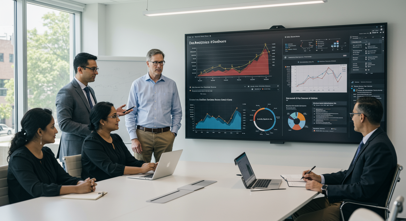 Campus leadership team reviewing student retention strategies with data analytics dashboard showing enrollment trends and AI-powered intervention systems for 2035
