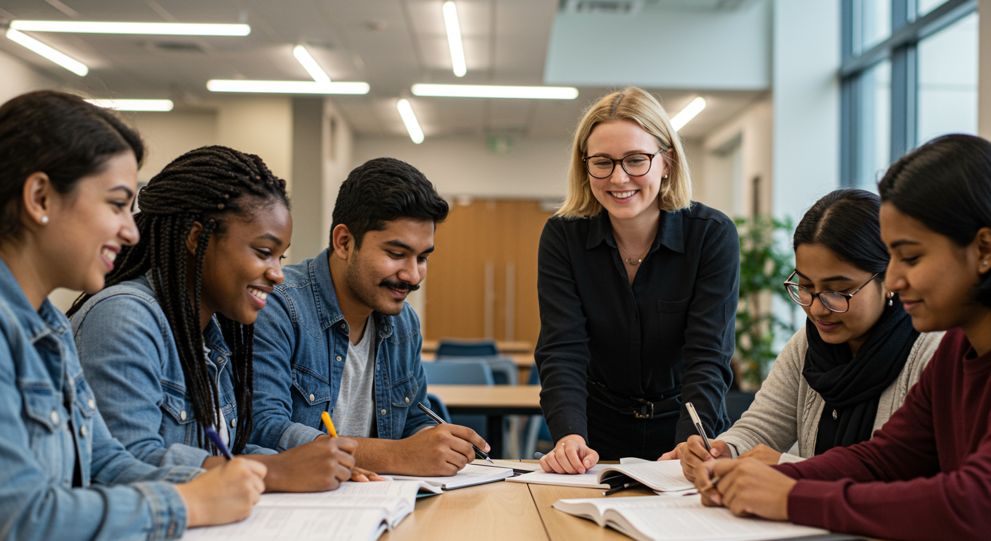 first-generation college student strategy Diverse first-generation college students collaborating in learning community with peer mentor providing retention support and academic guidance