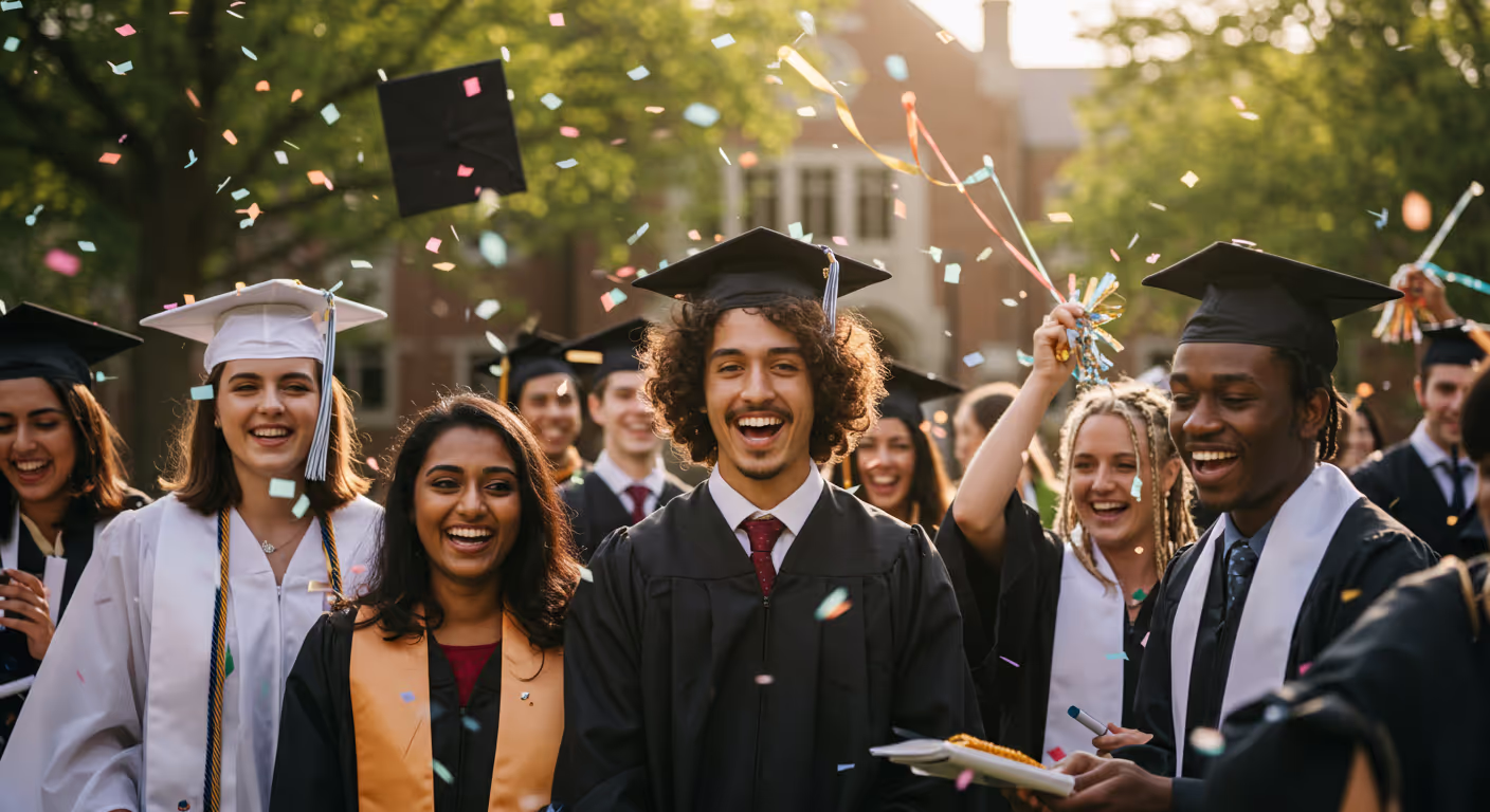 Happy College Graduates from First-generation Student Retention Strategies Happy group of college graduate students celebrating success through First-generation student retention strategies.