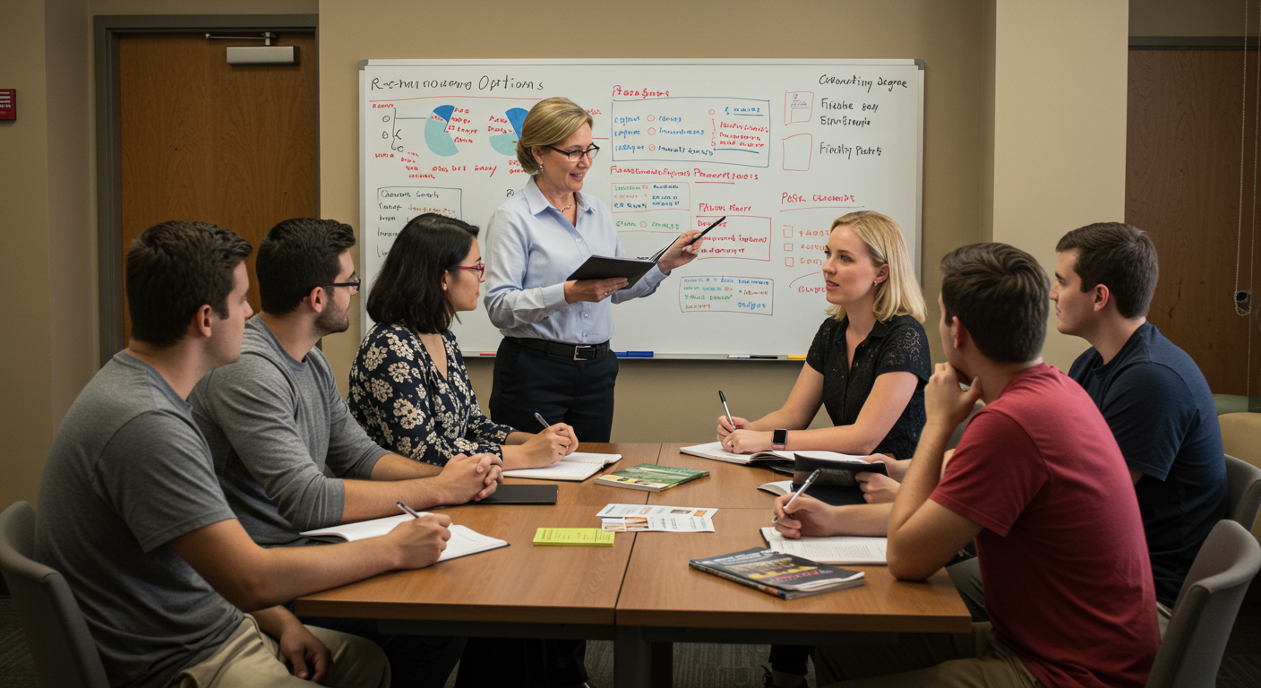 stop out students returned to college Stop out students meeting with college advisor to discuss re-enrollment options and flexible degree completion programs