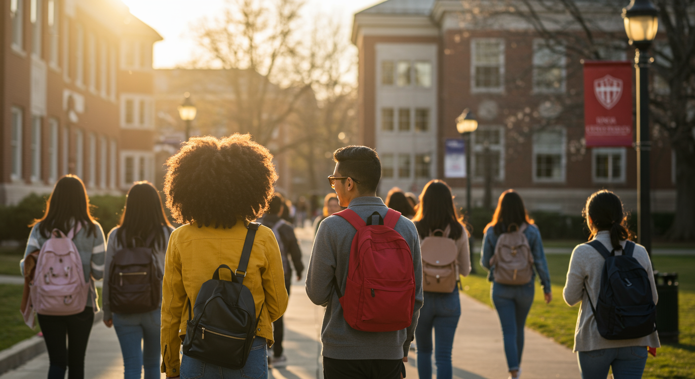 Re-enrolled stop out students returning to campus Group of stop out students walking together across a college campus, symbolizing successful re-enrollment and the positive impact of institutional re-engagement programs.