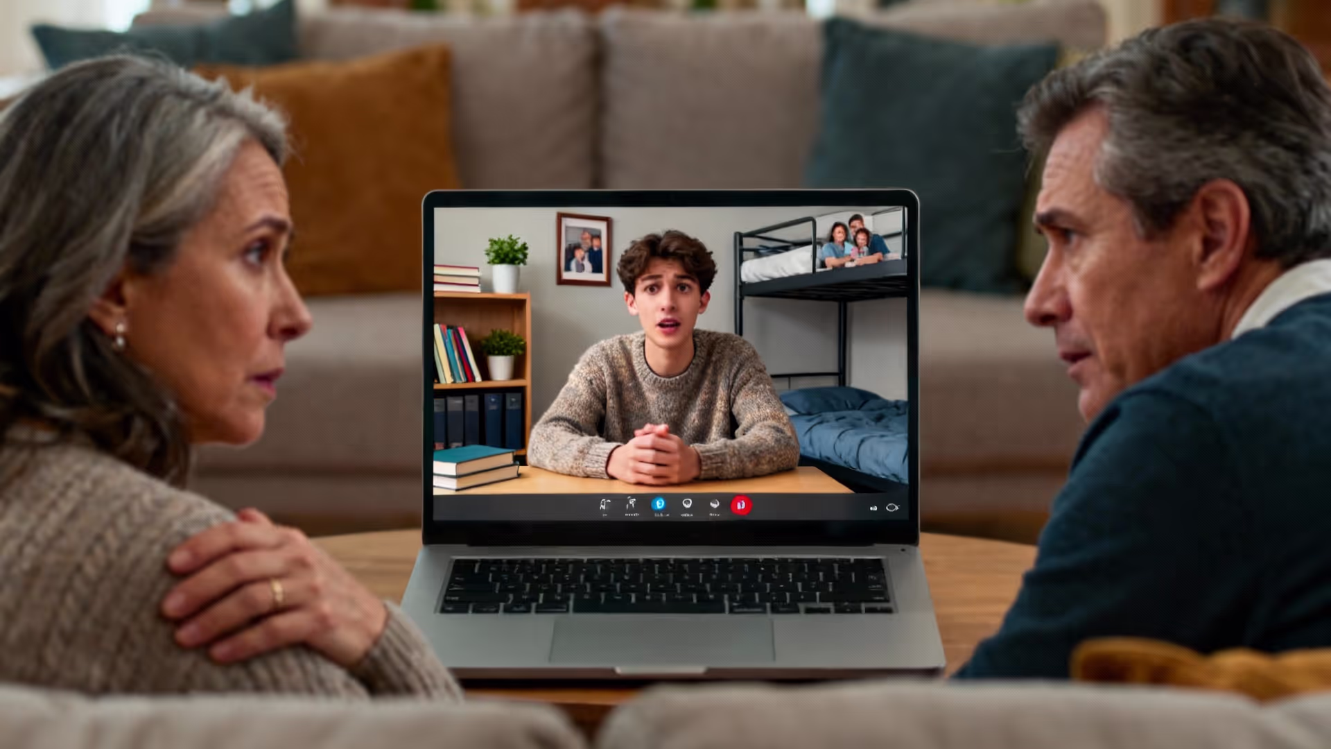 Parent video calling their college student to check on mental health and provide emotional support, supporting college student mental health from distance.