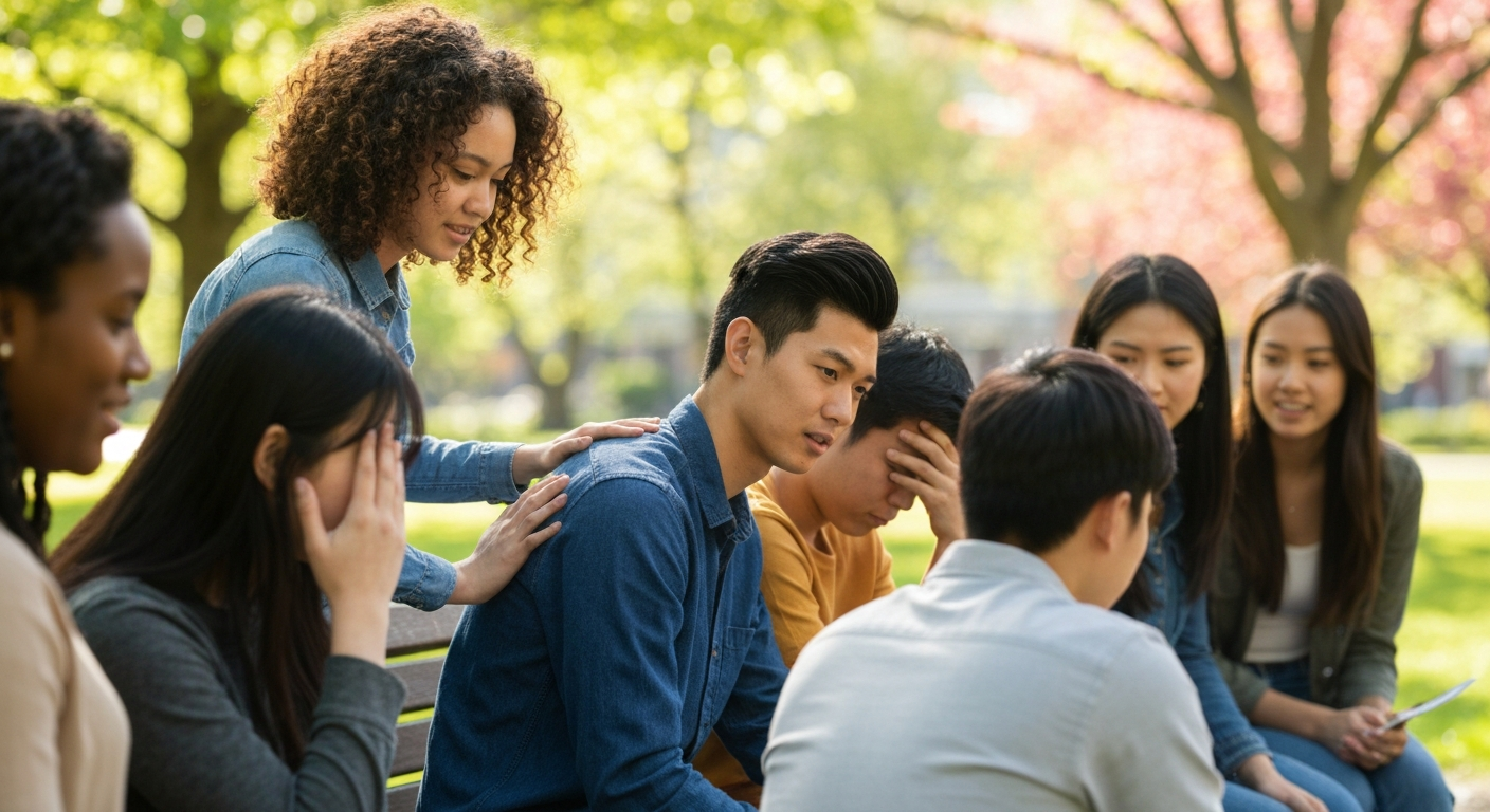 Managing College Stress A group of college students sitting in a campus garden, helping a student struggling with college stress