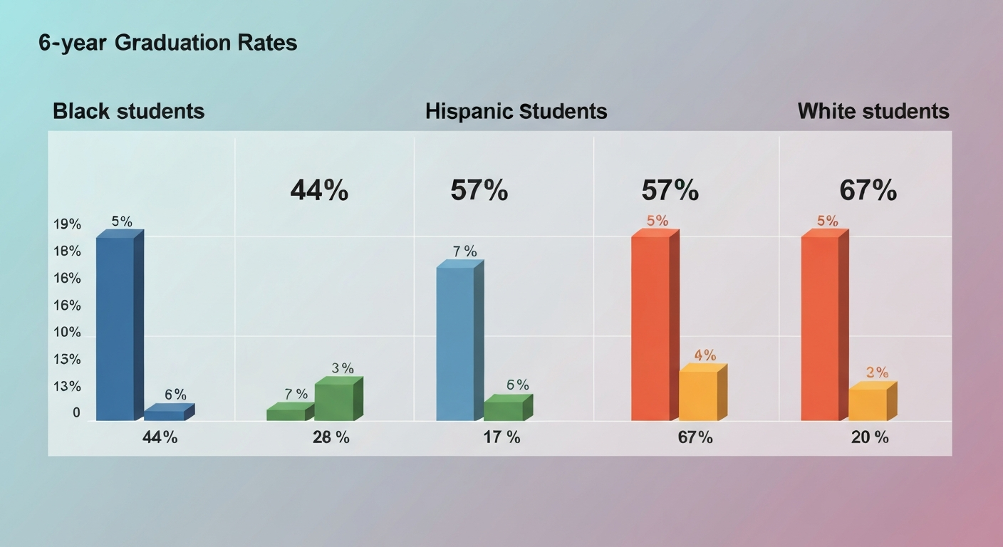 Comparison table Comparison table showing six-year college graduation rates of 44% for Black students, 57% for Hispanic students, and 67% for White students at four-year institutions