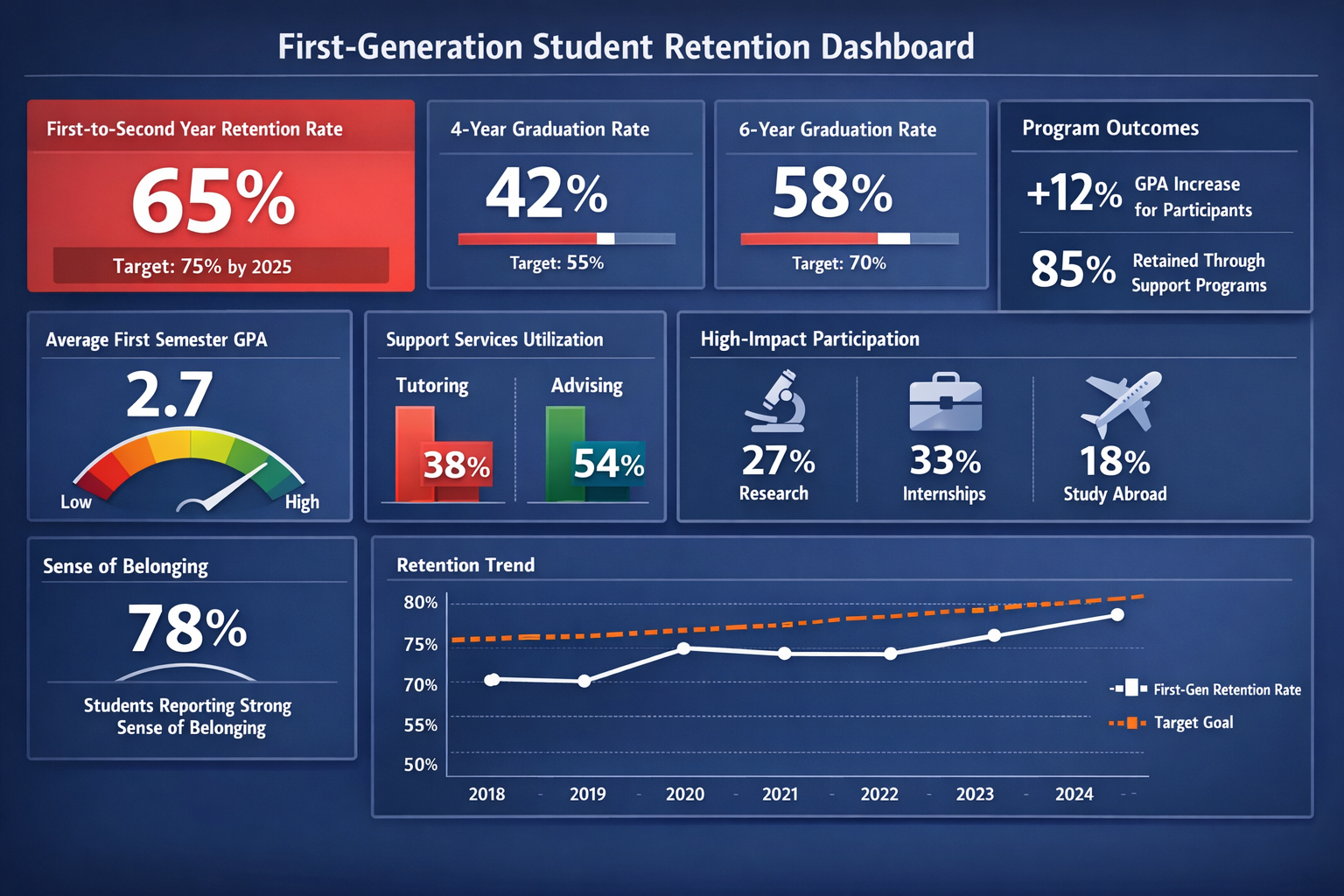 Student Success Dashboard Tracking First-Generation Student Engagement Real-time engagement dashboard showing first-generation college student retention metrics