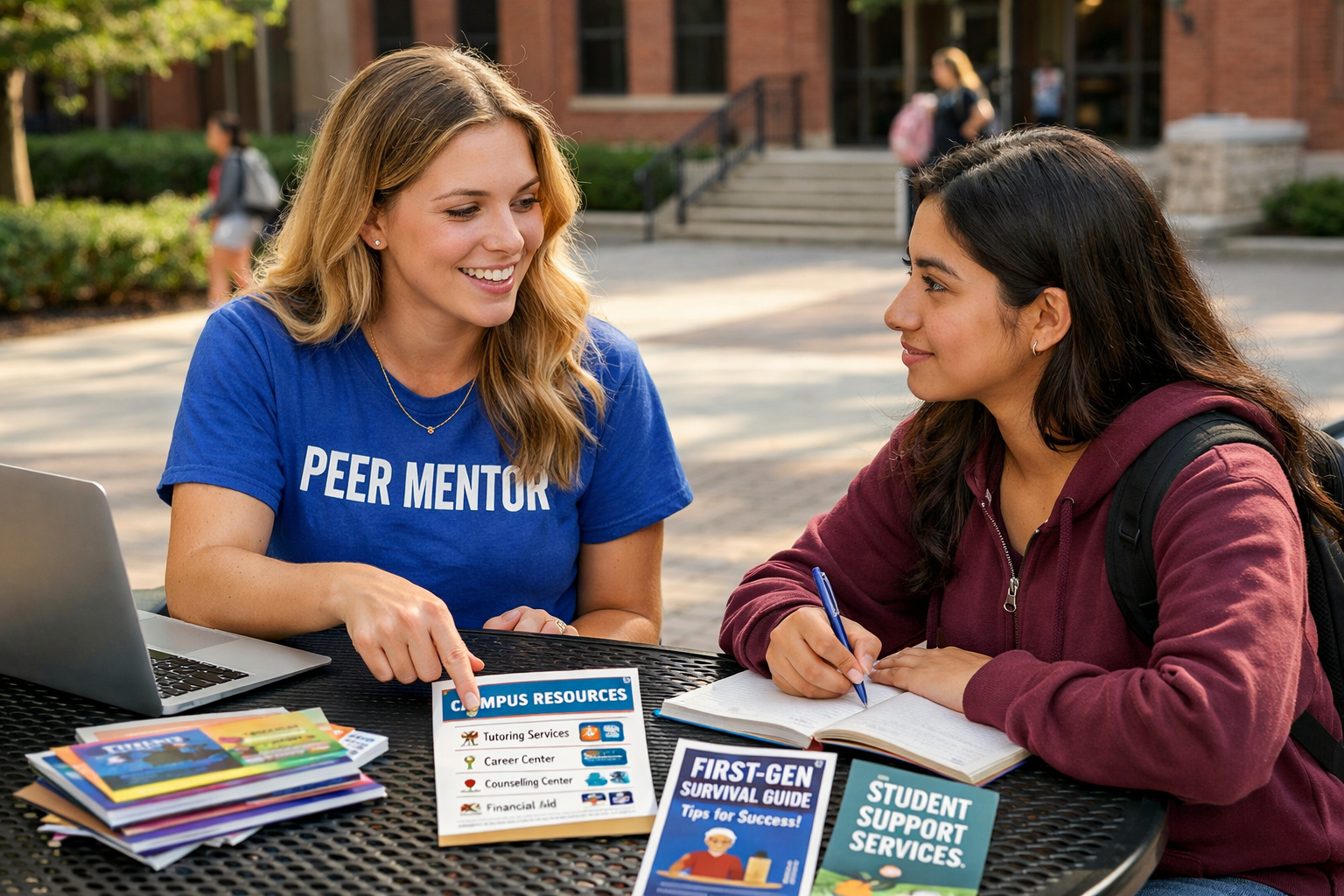 Peer Mentoring Session Between First-Generation College Students Upper-class peer mentor advising first-generation college student on campus resources