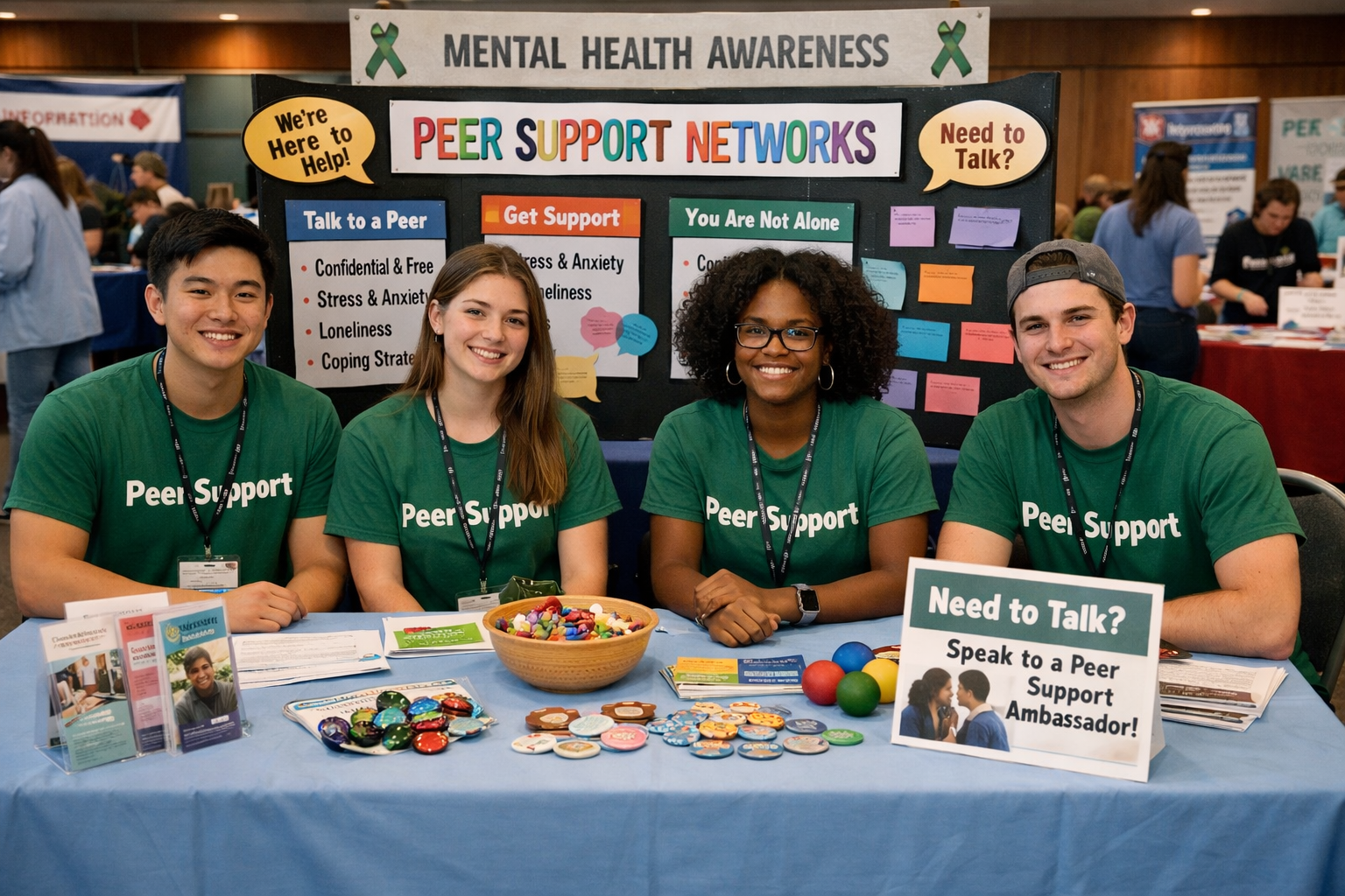 Peer Support Networks Campus Awareness Event Student ambassadors staffing peer support networks information table at campus mental health event