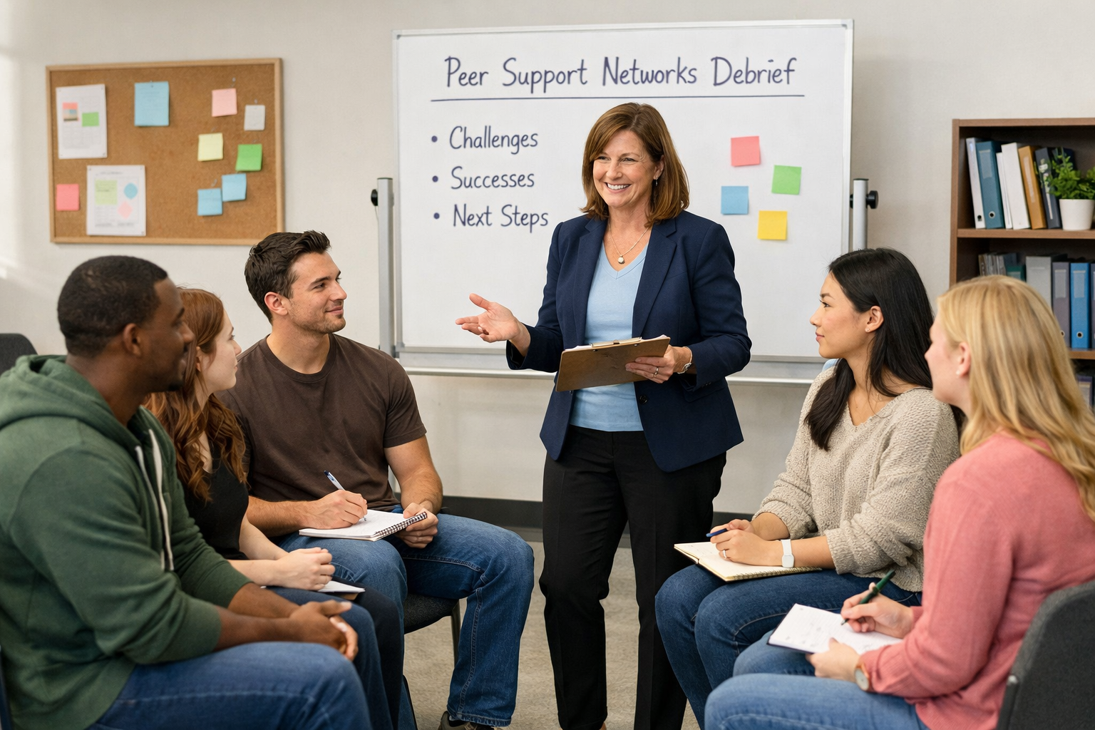 Peer Support Networks Supervision Meeting Professional supervisor leading a peer support networks debriefing session with student mentors