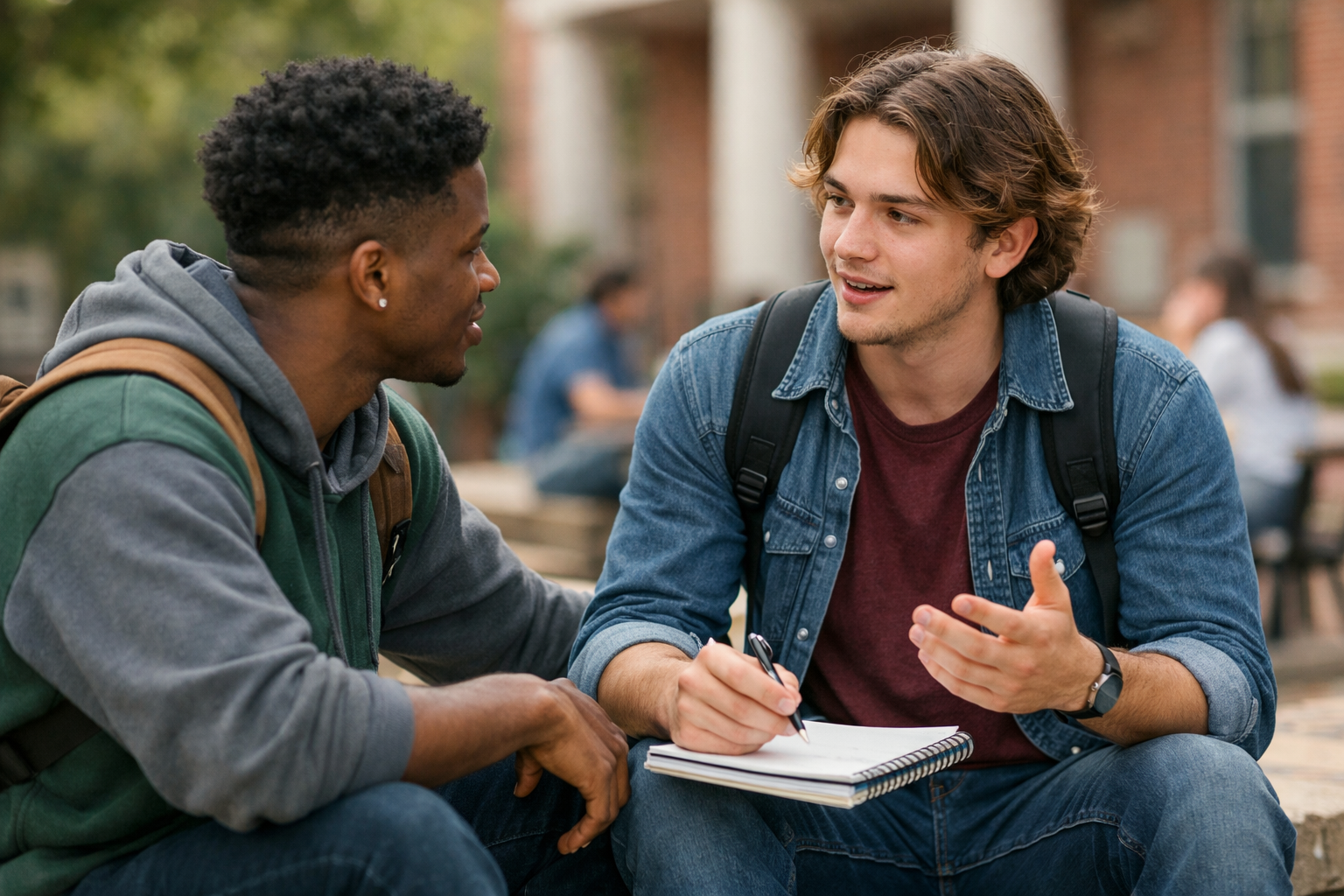 Peer Support Networks Mentoring Conversation Two students engaged in a supportive peer support networks conversation on college campus