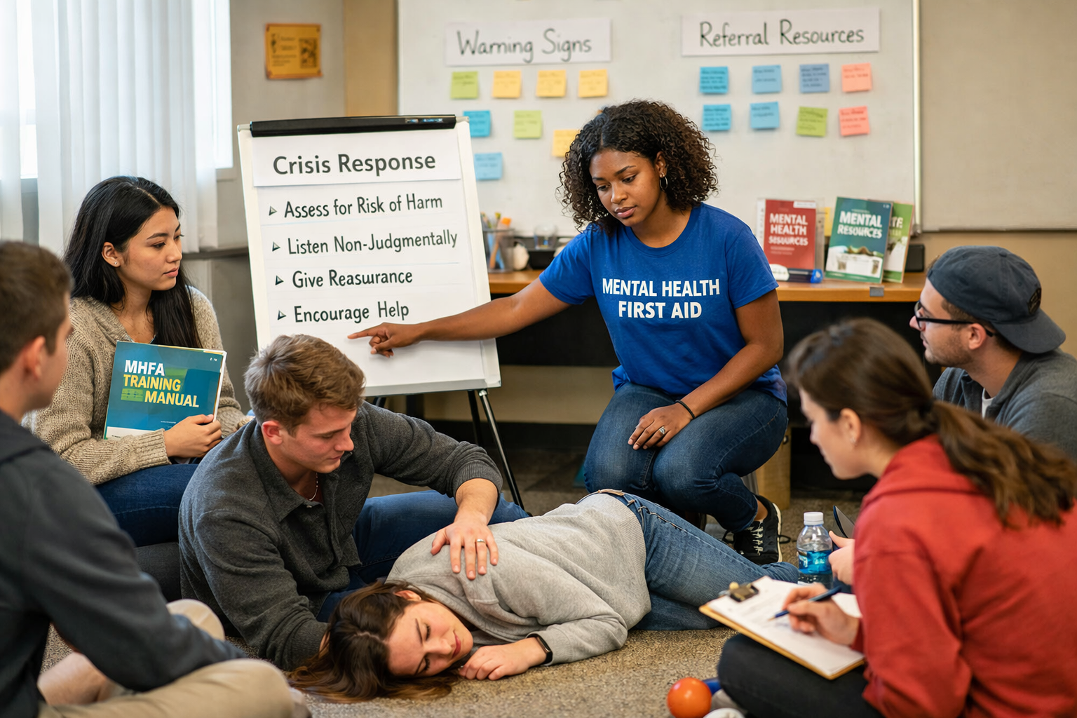 Peer Support Networks Student Mentor Training Session College peer mentors participating in mental health first aid training for peer support networks