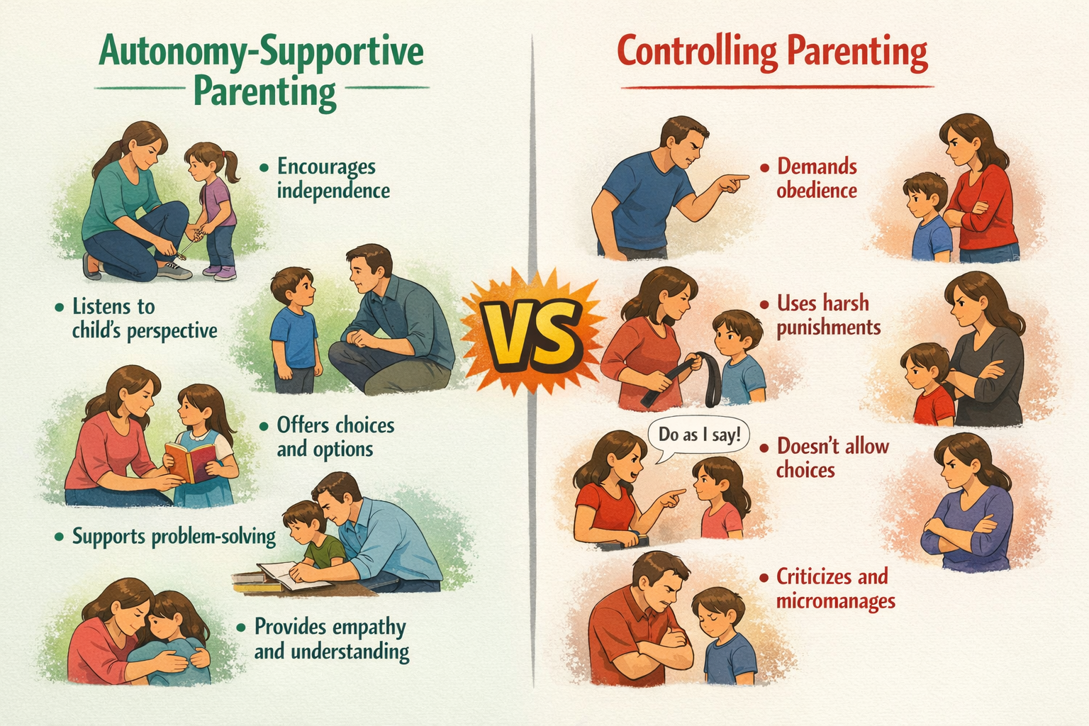 Support vs. Control Distinction Side-by-side comparison of autonomy-supportive versus controlling parental behaviors