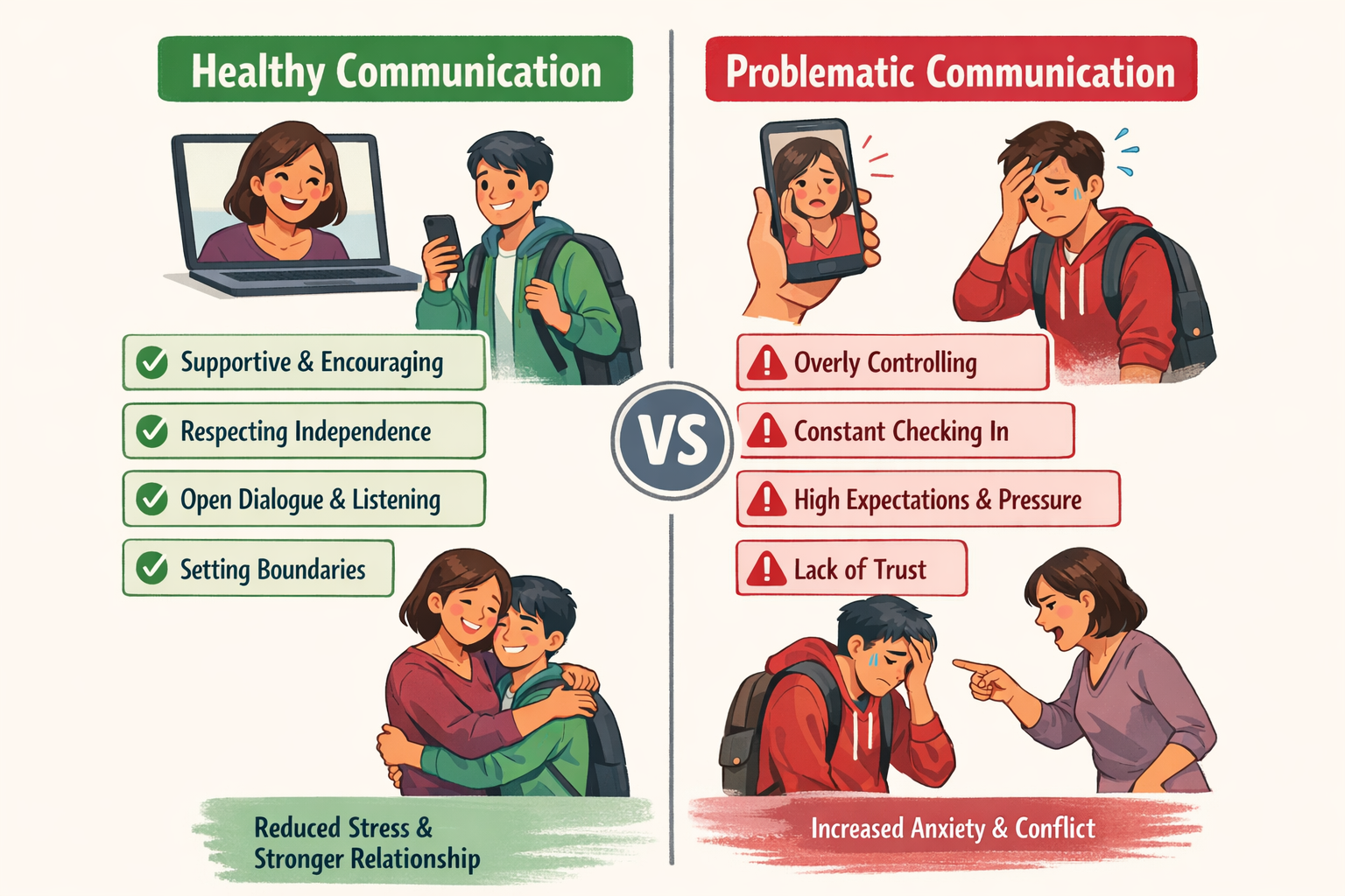 Communication Patterns Visual comparison of healthy versus problematic parent-student communication patterns in college
