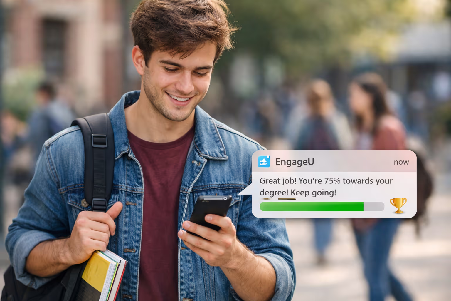 College student checking personalized engagement app notification College student checking personalized engagement app notification while walking between classes with backpack