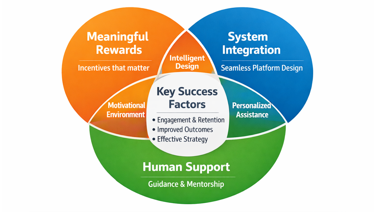 Key Success Factors Venn diagram showing overlap between meaningful rewards, system integration, and human support as key success factors