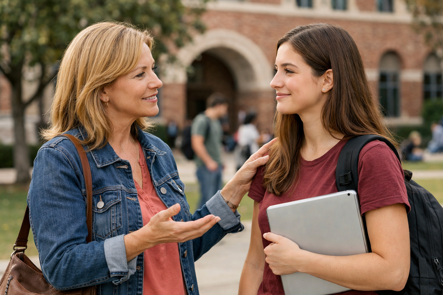 How Often Should You Communicate With Your College Student? Parent and college student having supportive conversation on campus about balancing independence with connection