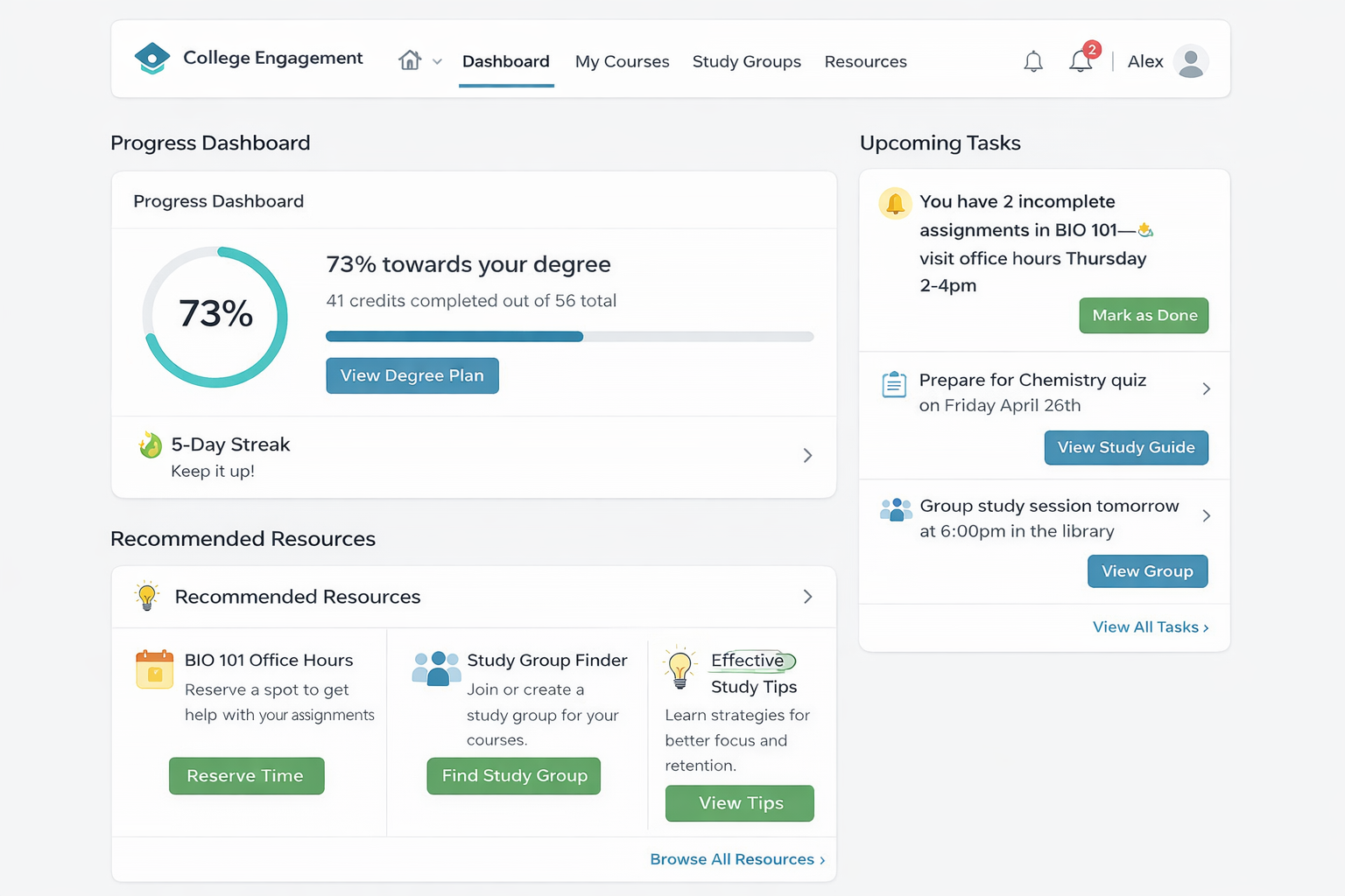 Specific Mechanics That Drive Results Clean wireframe mockup showing progress visualization, nudge notifications, and resource recommendations in college engagement platform