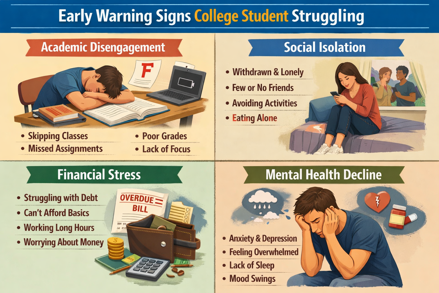 Warning signs Visual checklist of early warning signs indicating college student struggle including academic disengagement, social isolation, financial stress, and mental health decline markers