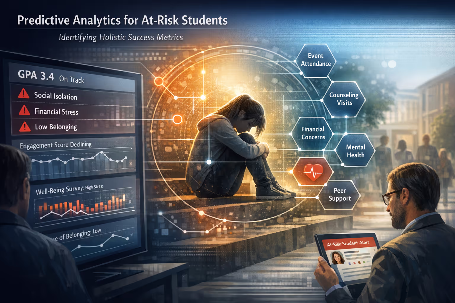 Predictive Analytics Model for Student Success Metrics and Retention Visual representation of predictive analytics identifying at-risk students using holistic success metrics