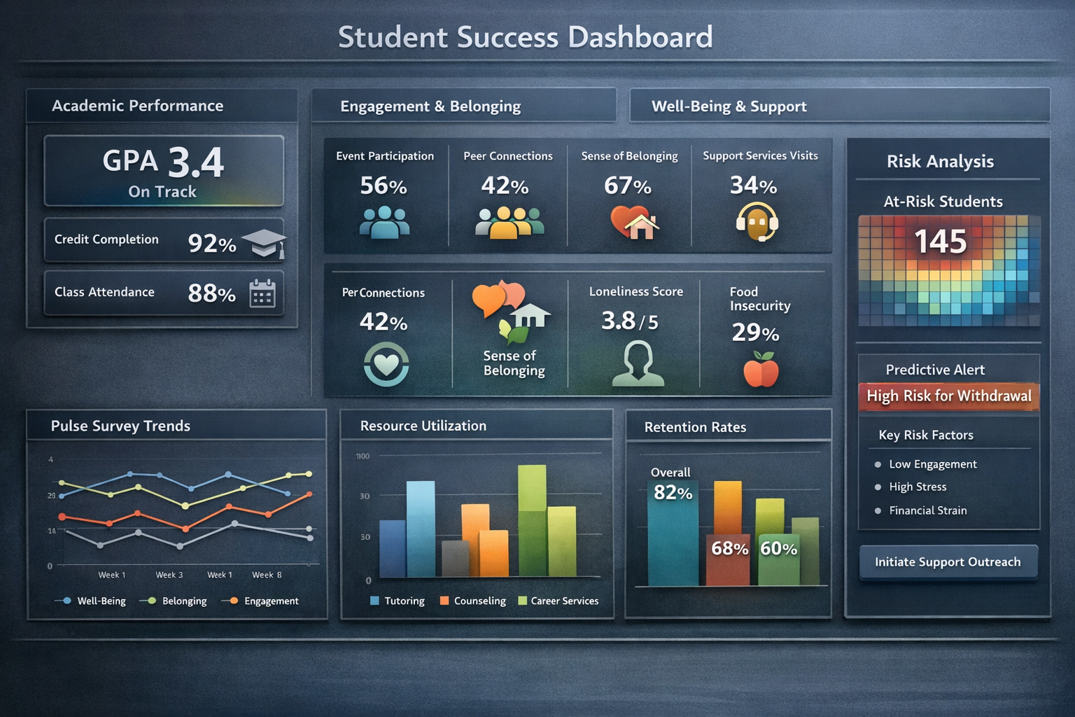 Student Success Metrics Dashboard Showing Holistic Analytics Dashboard displaying comprehensive student success metrics including engagement, well-being, and academic indicators