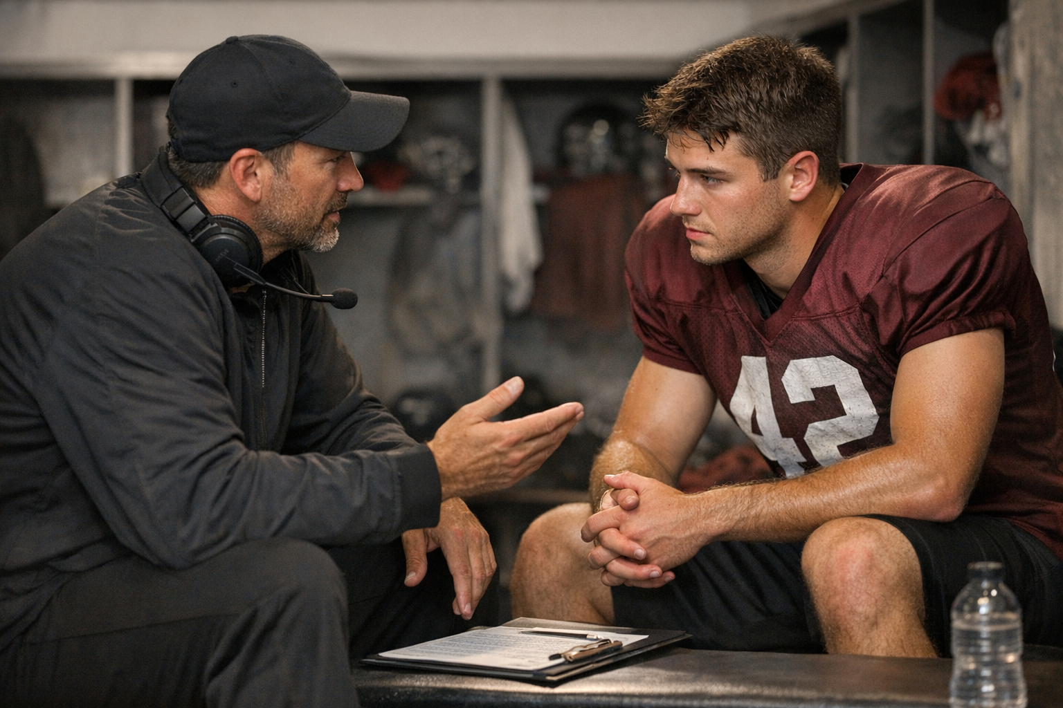 Coach Supporting College Athlete Mental Health Athletic coach having supportive conversation about college athlete mental health
