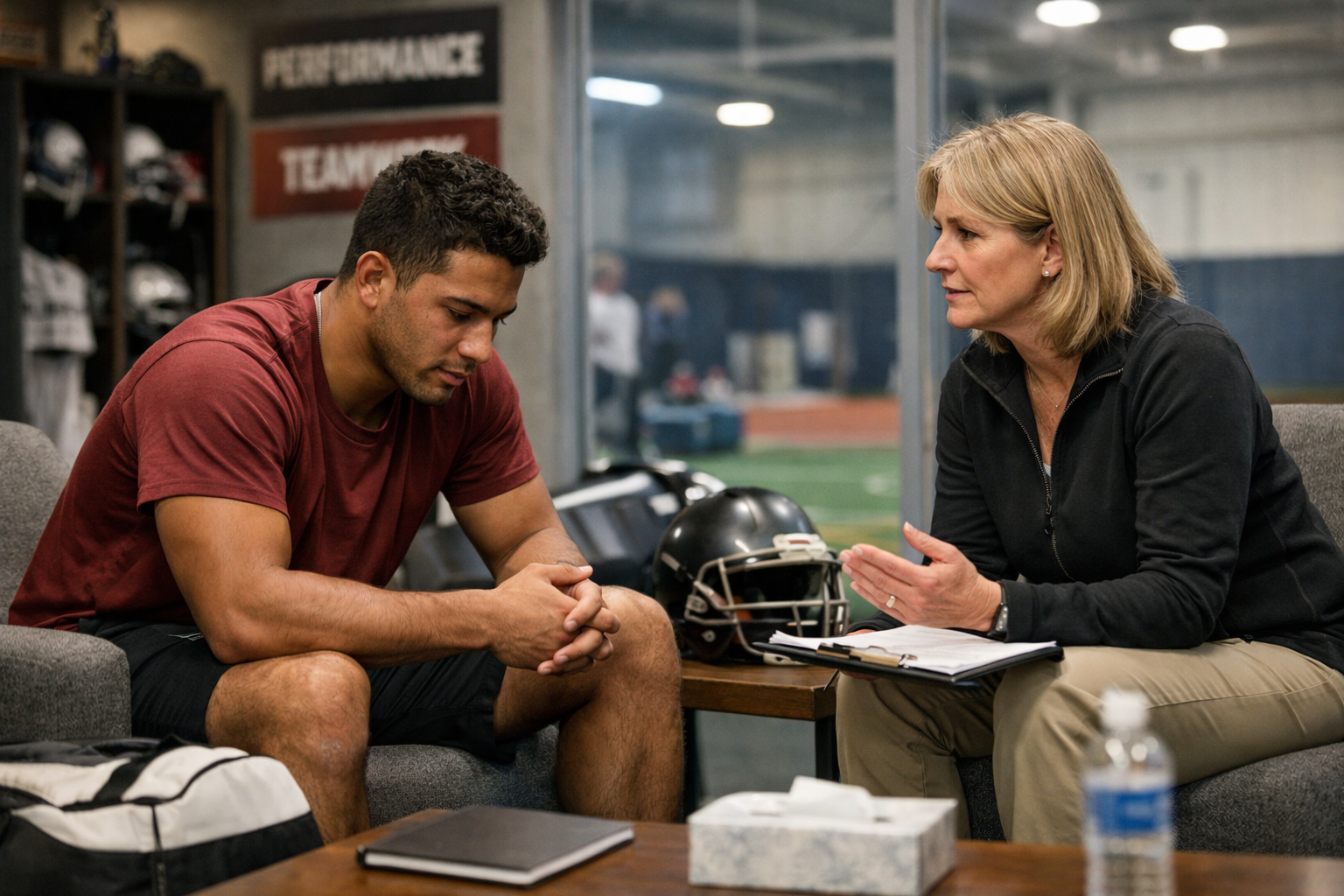 College Athlete Receiving Mental Health Support on Campus College athlete mental health counseling session with sports psychologist in athletic facility