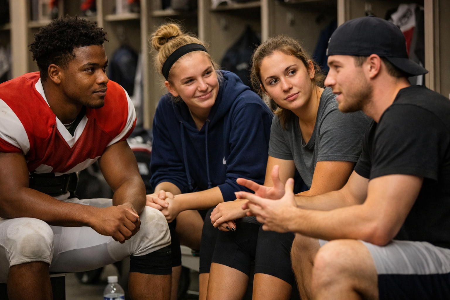 Student-Athletes Engaged in Peer Mental Health Support College athlete mental health peer mentorship program with teammates talking