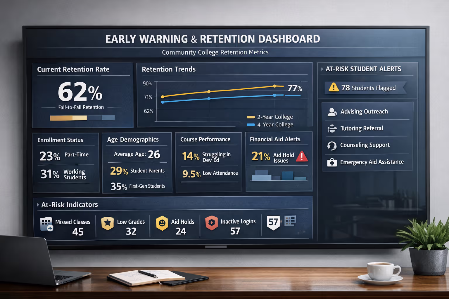Early warning system dashboard showing community college retention metrics and at-risk student alerts