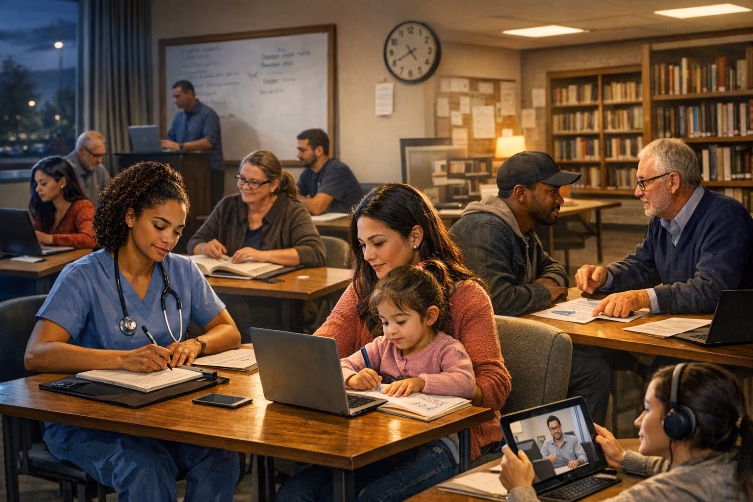 Community college students attending evening classes demonstrating flexible scheduling retention strategies