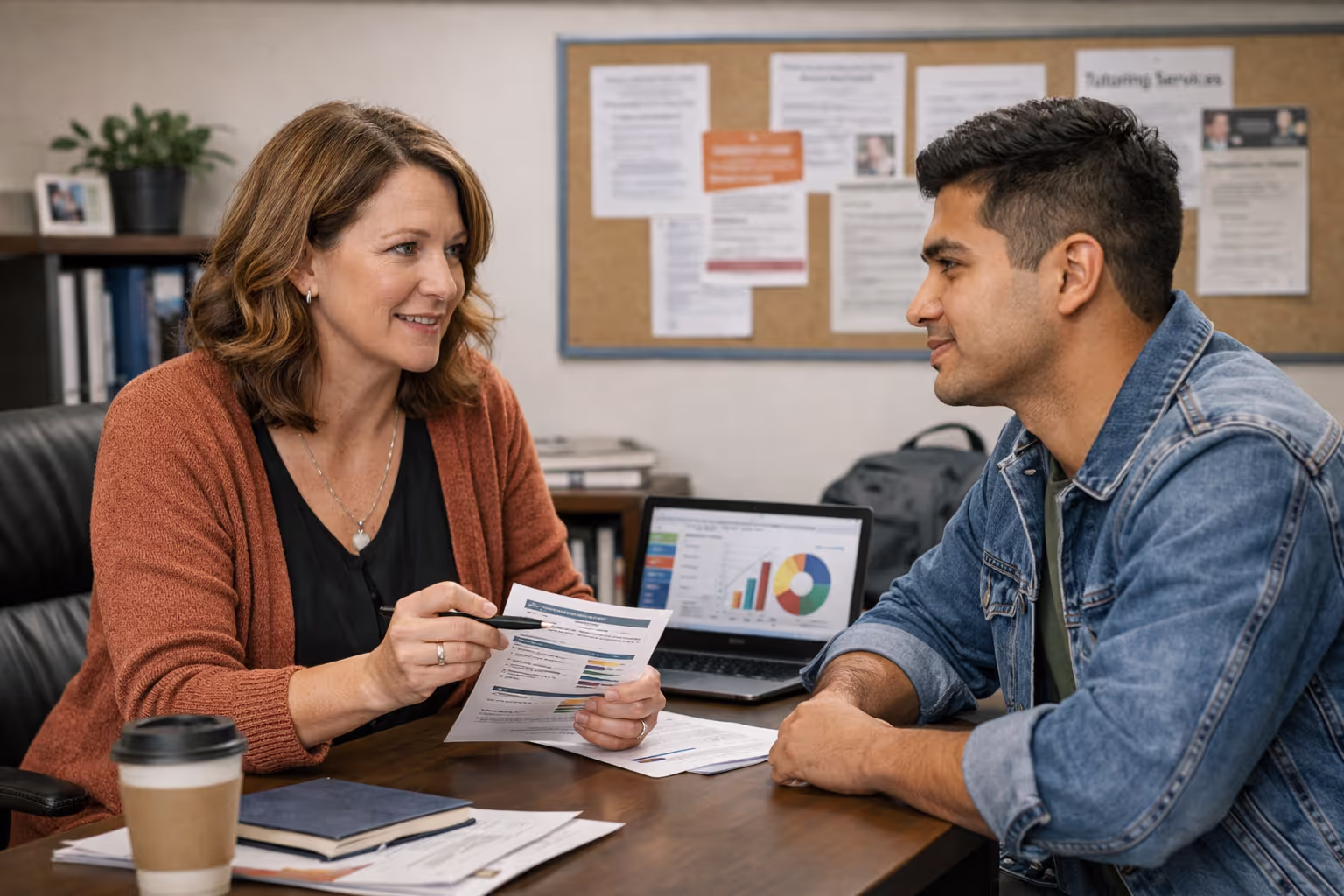 Academic advisor meeting with community college student for proactive retention support