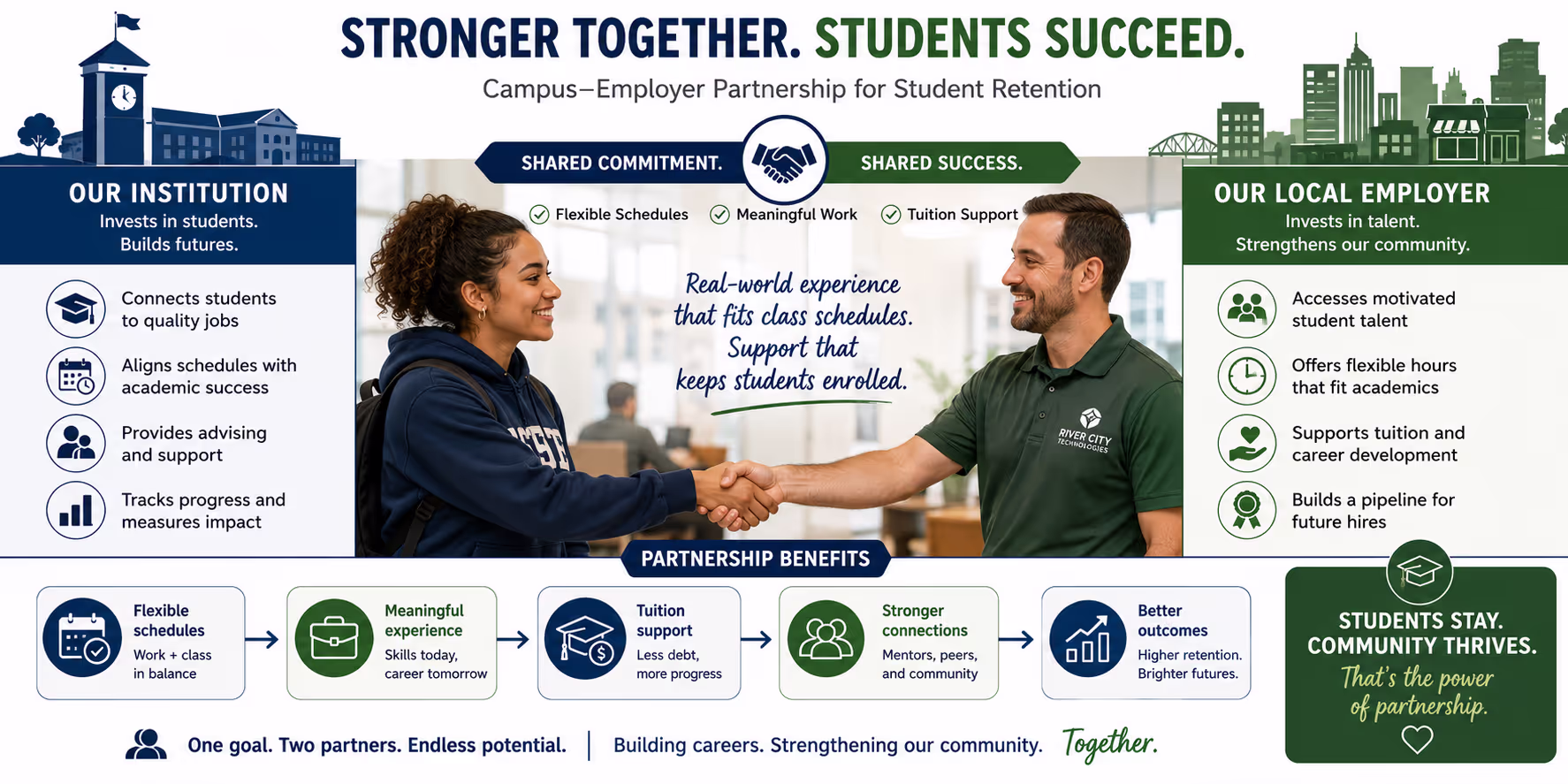 Campus employment partnership between institution and local employer for student retention