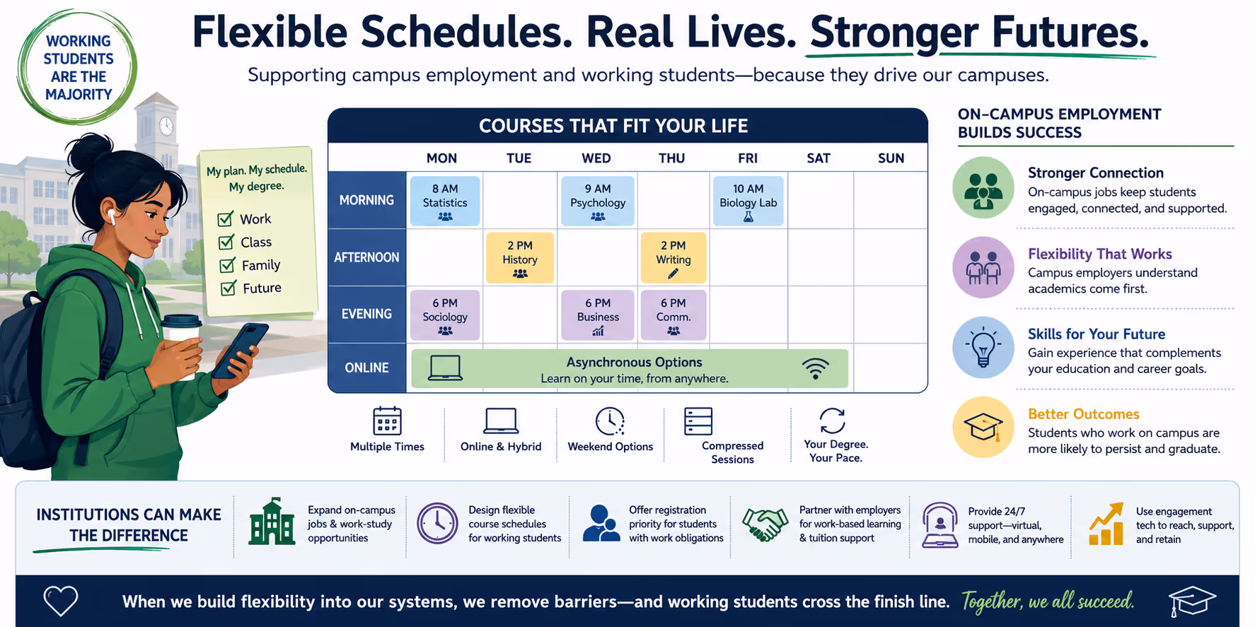 Visual representation of flexible course scheduling supporting campus employment and working students