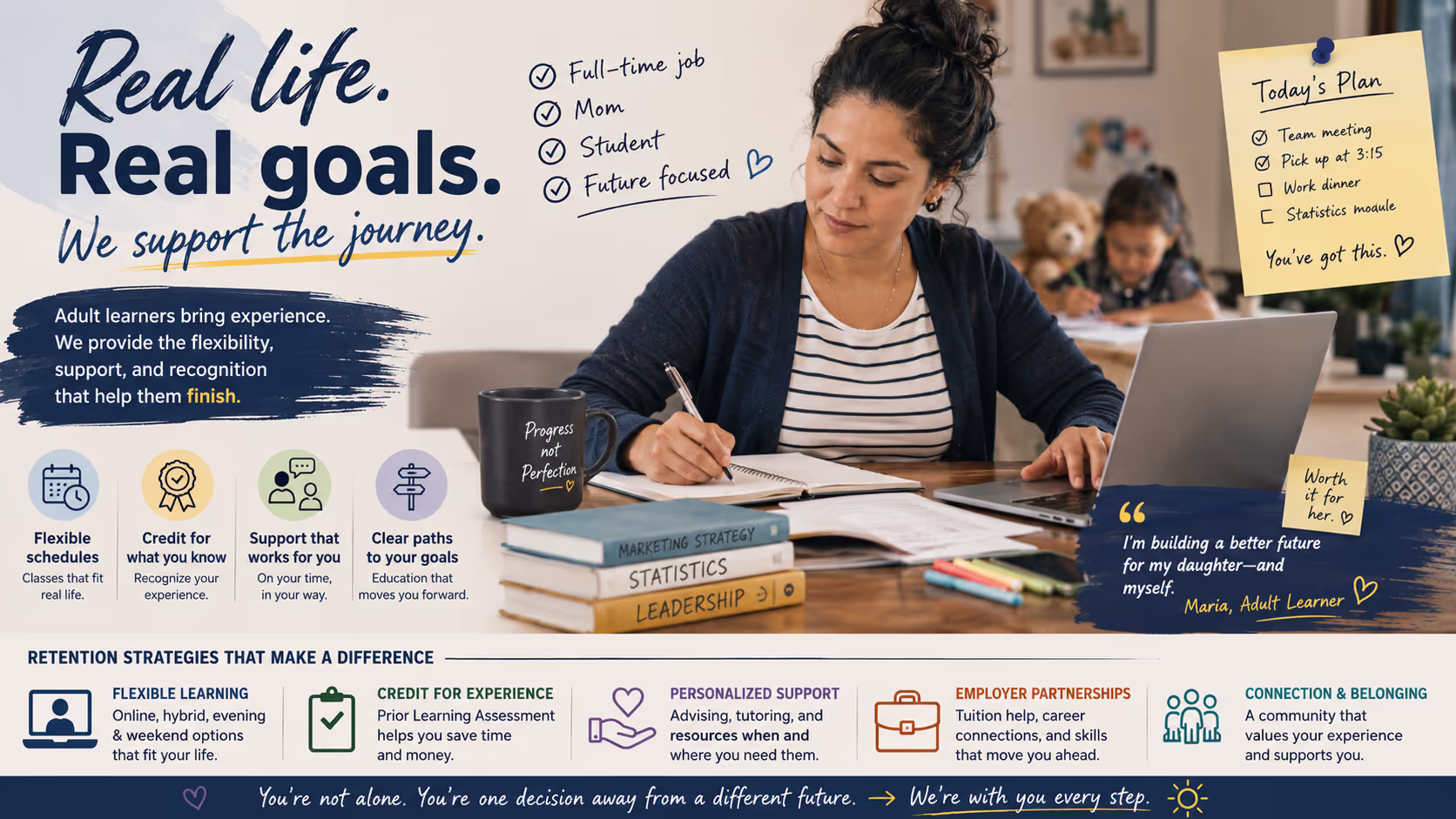 Adult learner retention strategies showing non-traditional student studying while balancing work and family responsibilities