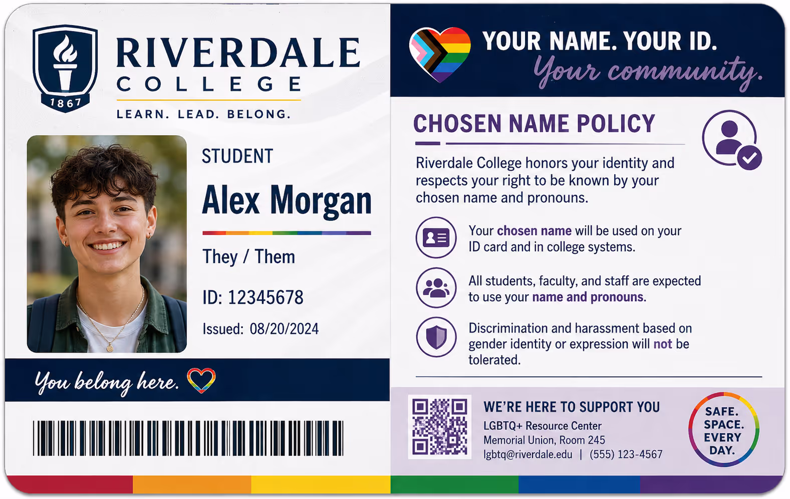 Chosen Name Policy Implementation on Student ID Systems College student ID card displaying chosen name policy supporting LGBTQ+ student belonging