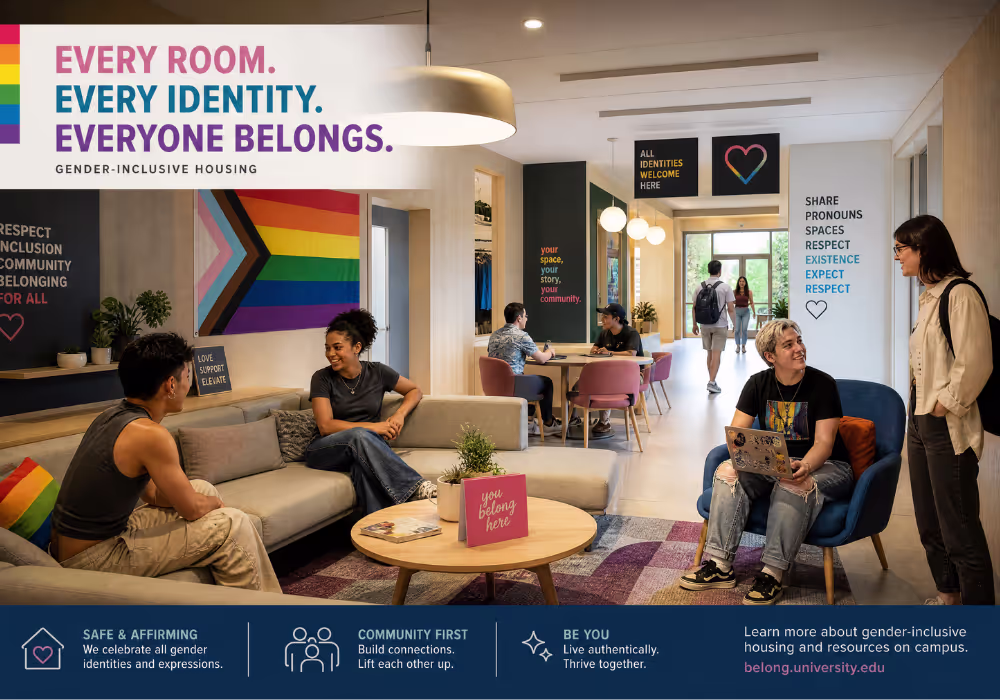Gender-Inclusive Housing Creating LGBTQ+ Student Belonging Modern campus residence hall with gender-inclusive housing supporting LGBTQ+ student belonging