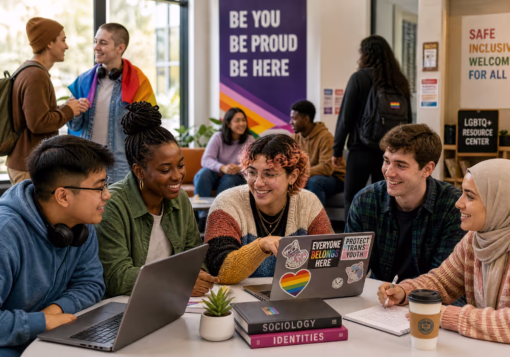 LGBTQ+ Student Belonging Through Campus Community Connection Diverse college students including LGBTQ+ students collaborating in inclusive campus environment