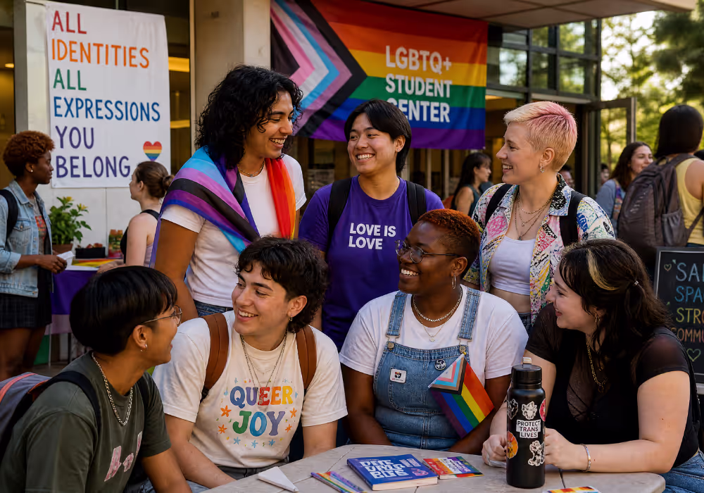 LGBTQ+ College students of diverse identities gathered in welcoming campus environment demonstrating LGBTQ student belonging