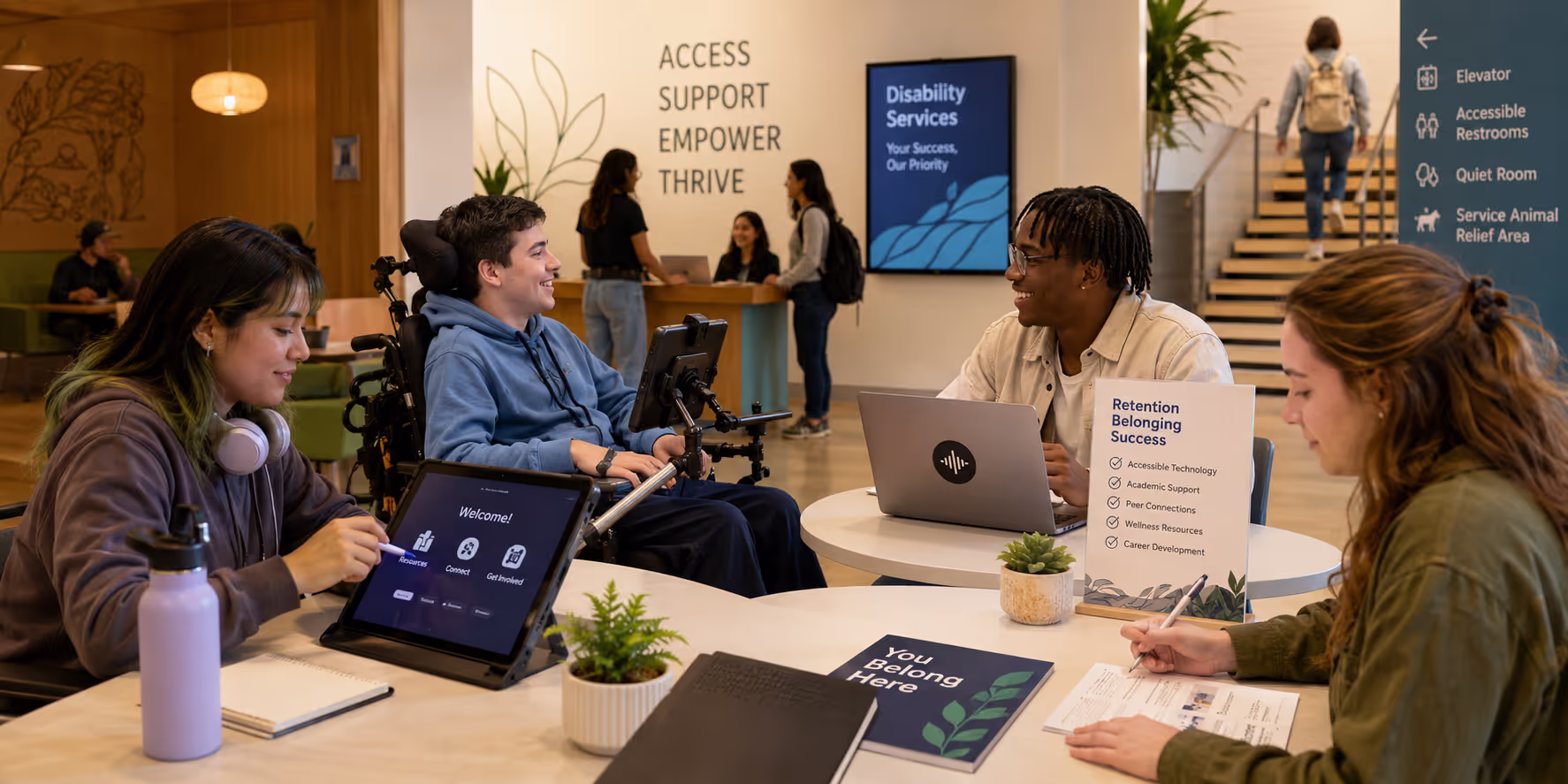 Students with disabilities engaging with accessible technology and disability services retention strategy resources on campus