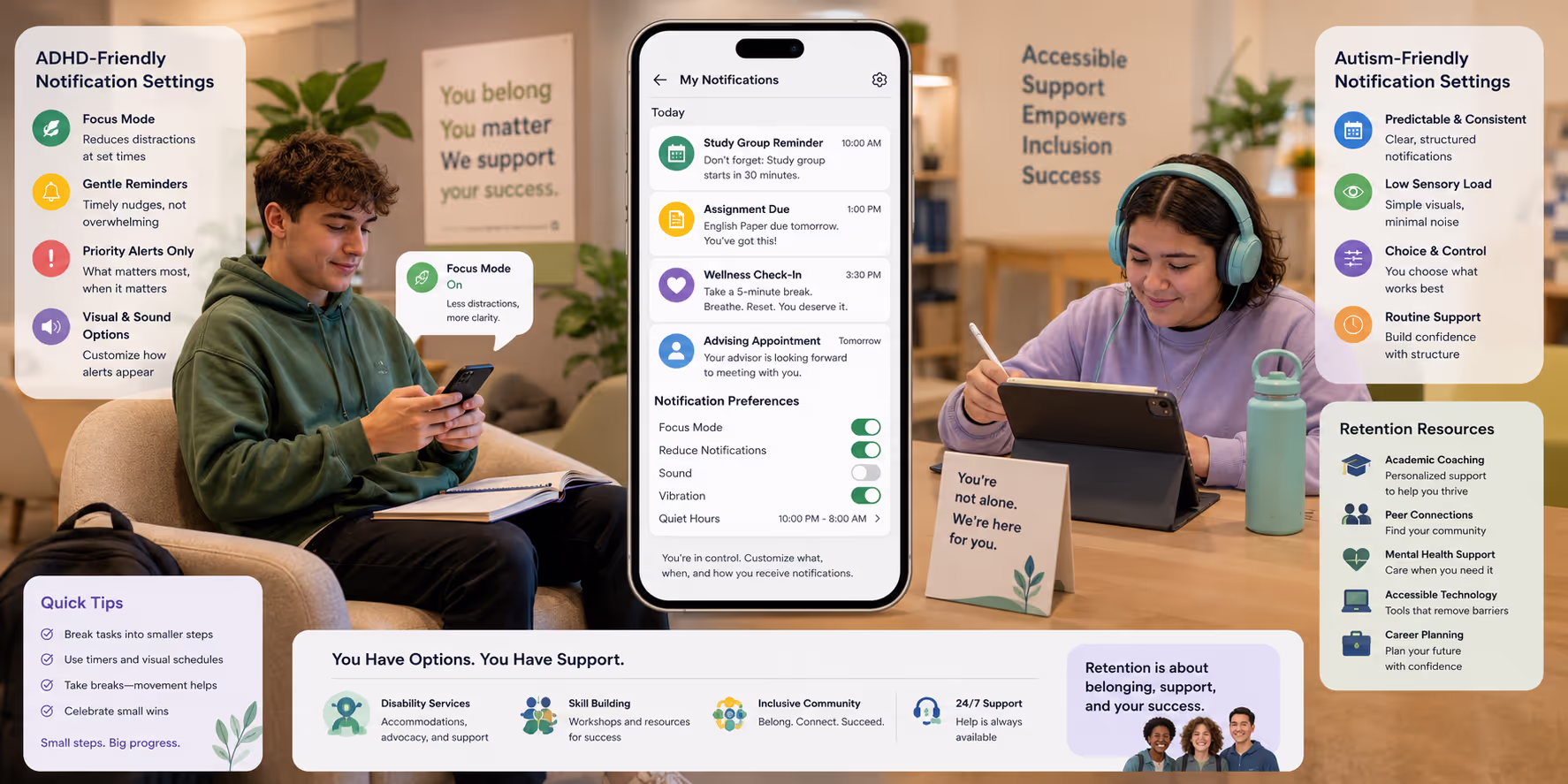 Neurodivergent Students Using Personalized Campus Support Systems Students with ADHD and autism using personalized notification systems and disability services retention resources