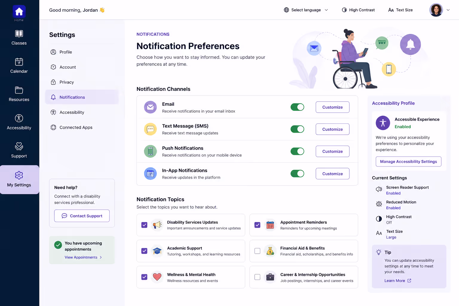Accessible Student Engagement Platform Meeting WCAG Standards Digital student engagement platform interface showing accessible design and disability services notification preferences